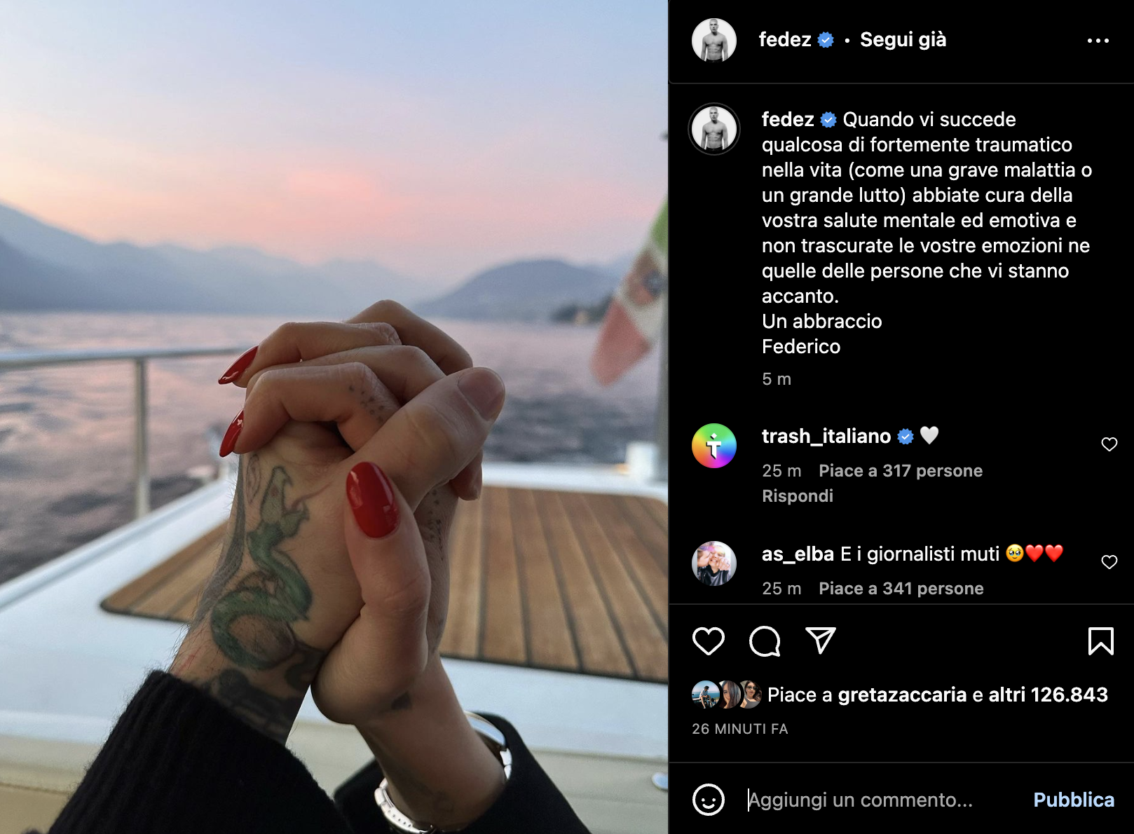 Il post Instagram di Fedez dopo le storie
