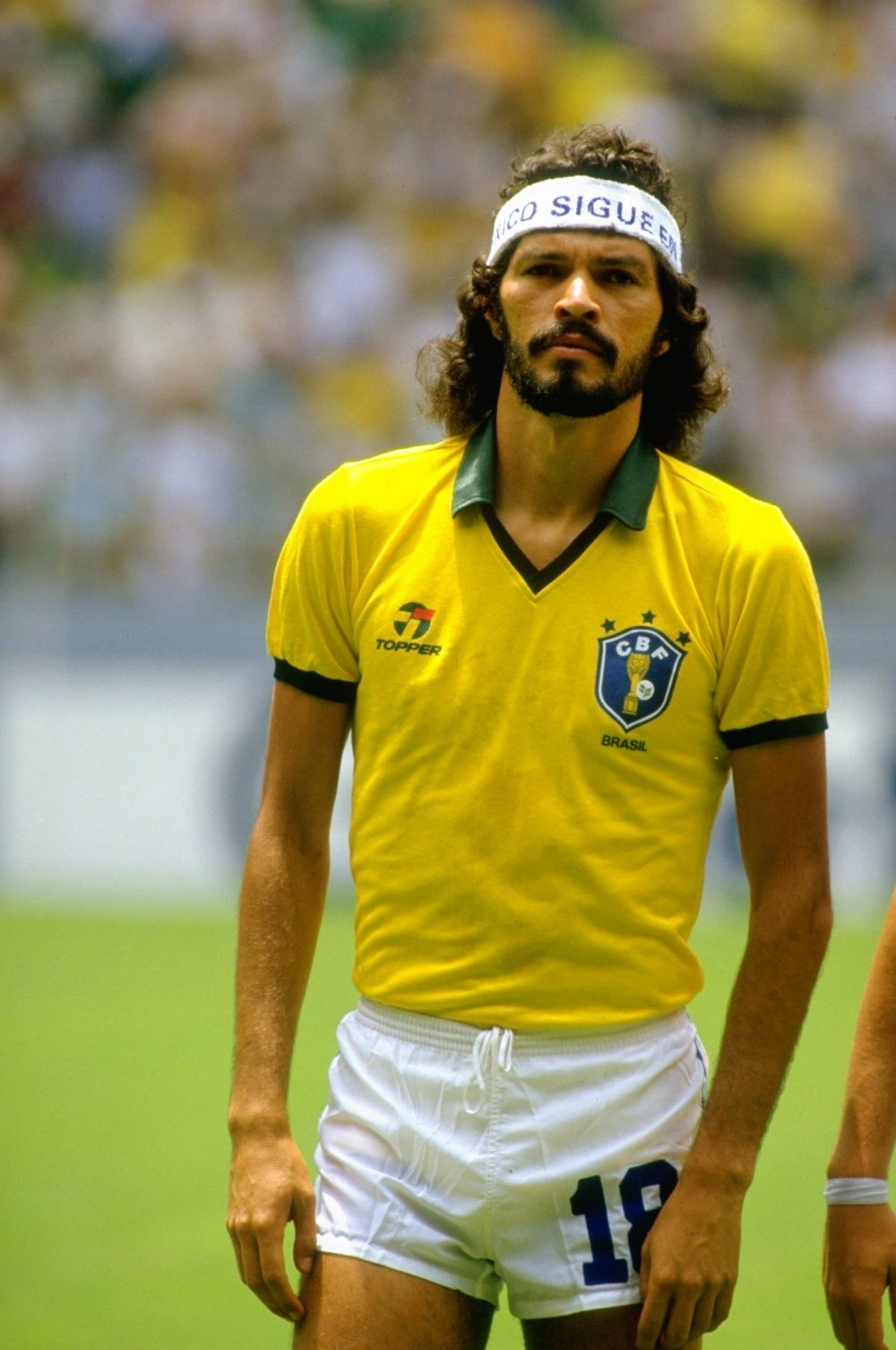 1 Jun 1986:  Socrates of Brazil lines up before the World Cup match against Spain at the Jalisco Stadium in Guadalajara, Mexico. Brazil won the match 1-0. \ Mandatory Credit: David  Cannon/Allsport