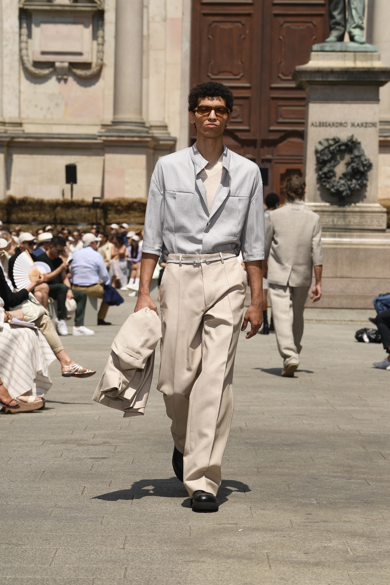 Models on the runway at the Zegna Spring 2024 Menswear Collection Fashion Show at Piazza San Fedele on June 19, 2023 in Milan, Italy. (Photo by Giovanni Giannoni/WWD via Getty Images)