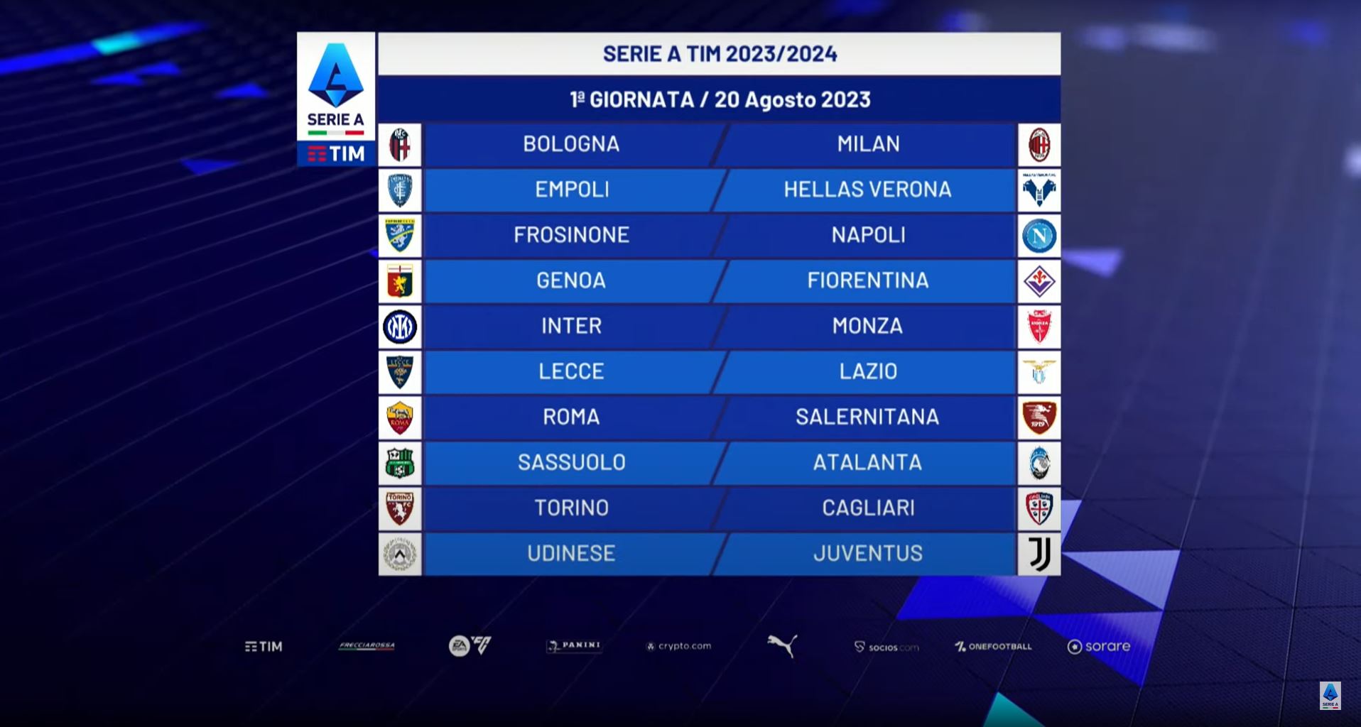 Calendario Serie A, il sorteggio delle partite giornata per giornata