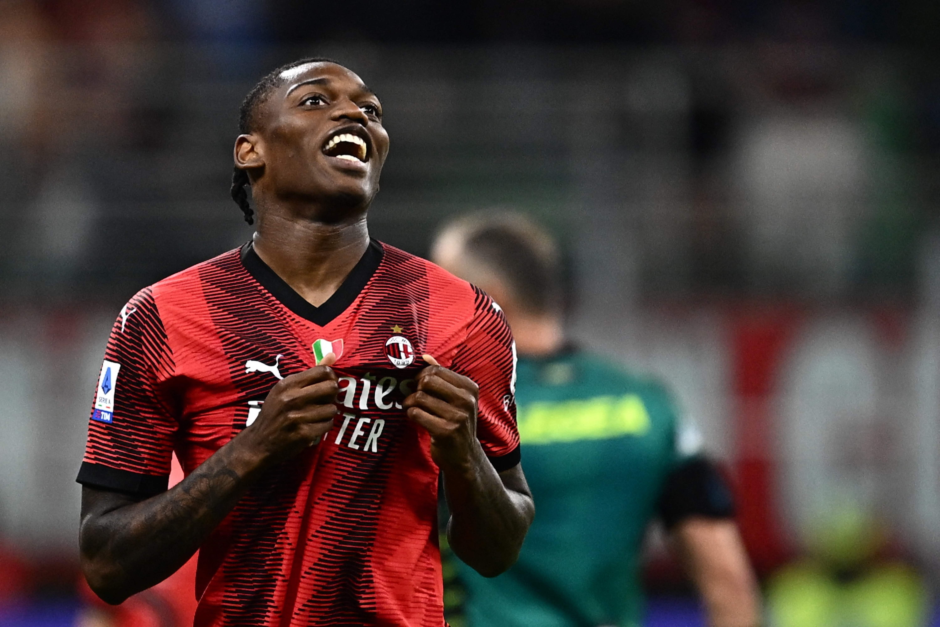 AC Milan's Portuguese forward Rafael Leao celebrates after scoring during the Italian Serie A football match between AC Milan and Hellas Verona on June 4, 2023 at the San Siro stadium in Milan. (Photo by GABRIEL BOUYS / AFP)