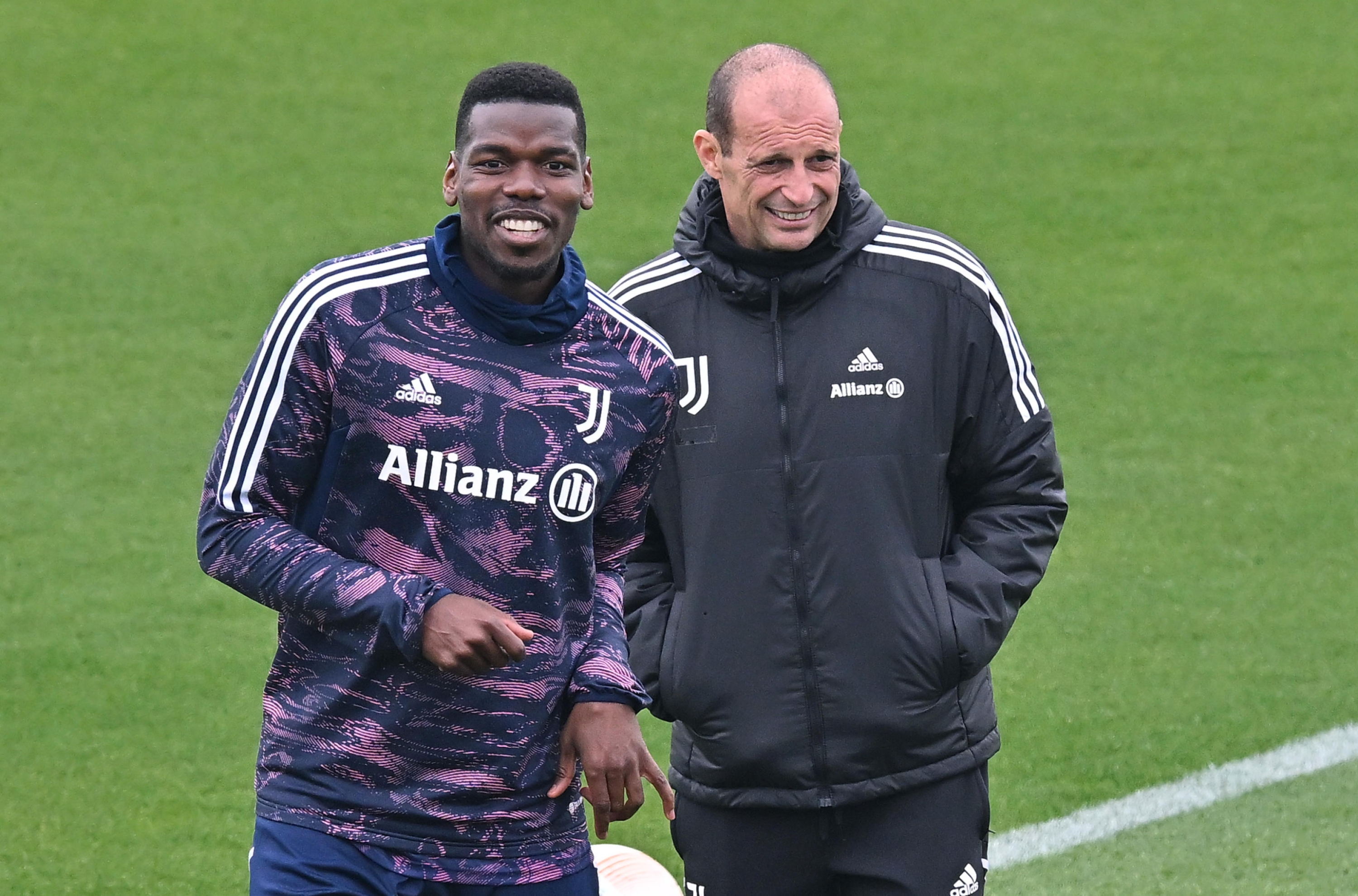 Juventus' Paul Pogba and Massimiliano Allegri during training on the eve of the UEFA Europa League match against Sporting Lisbon at the Continassa, italy, 12 april 2023 ANSA/ALESSANDRO DI MARCO