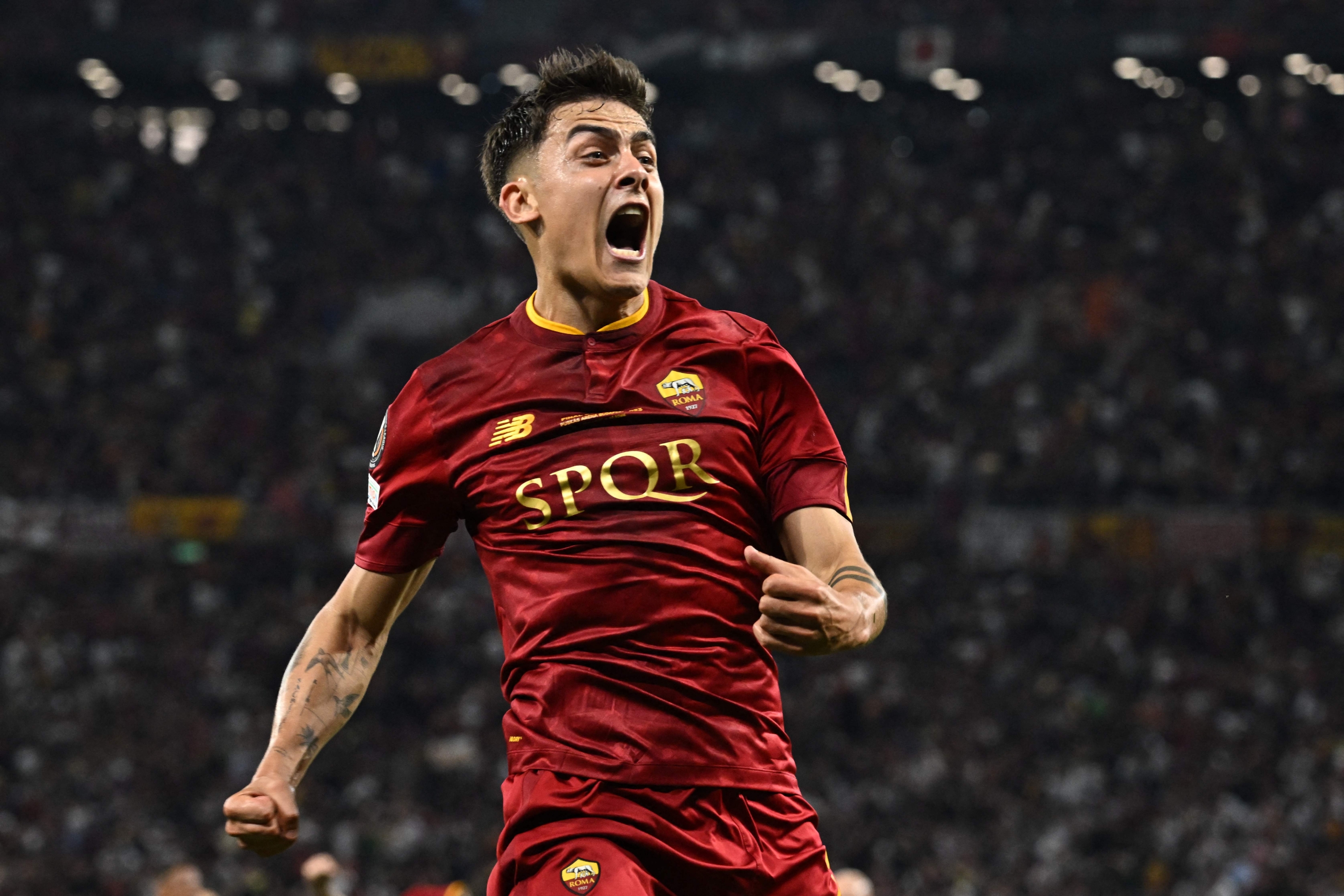 TOPSHOT - AS Roma's Argentinian forward Paulo Dybala celebrates scoring the opening goal during the UEFA Europa League final football match between Sevilla FC and AS Roma at the Puskas Arena in Budapest, Hungary on May 31, 2023. (Photo by Attila KISBENEDEK / AFP)