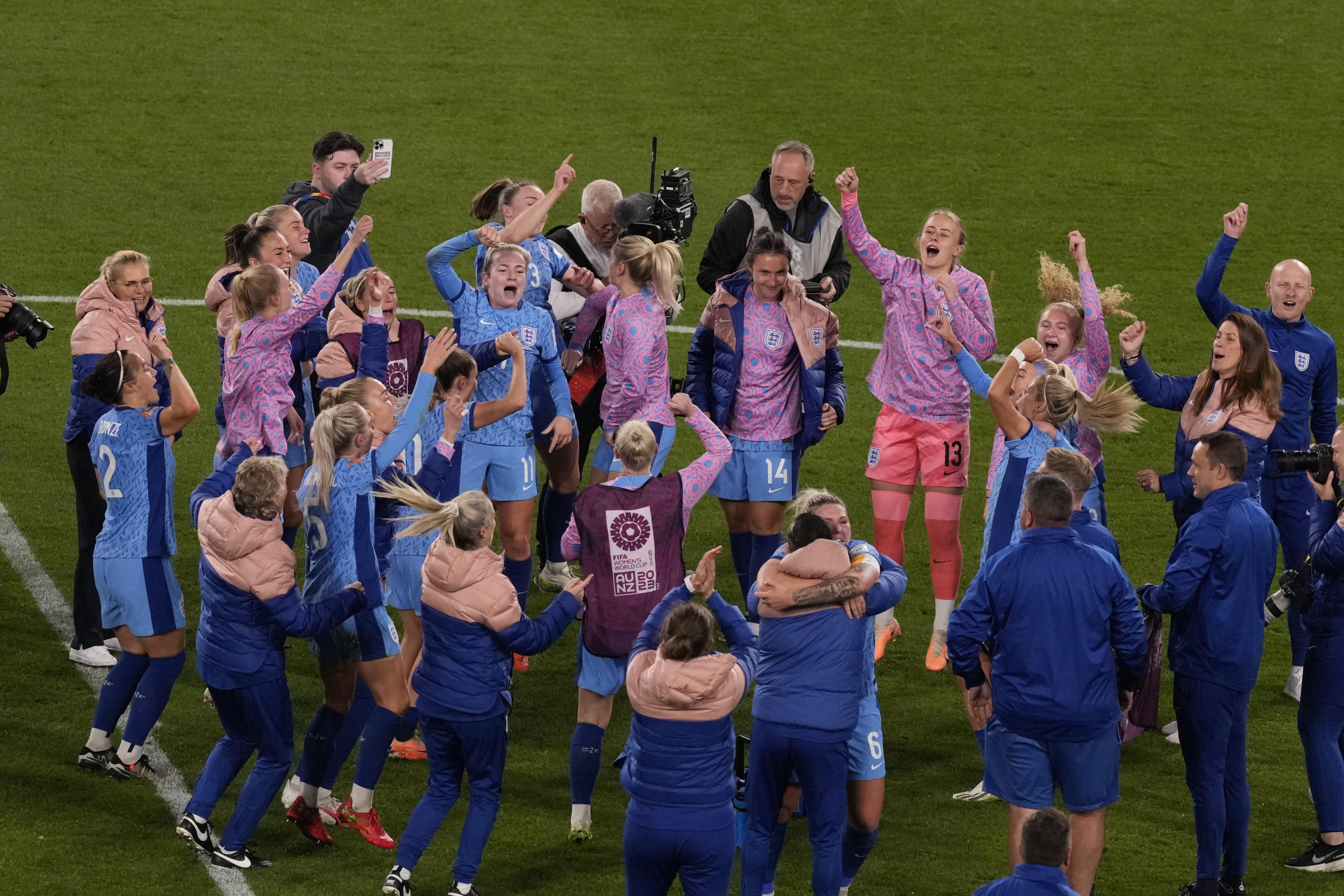 England players celebrate after the Women's World Cup semifinal soccer match between Australia and England at Stadium Australia in Sydney, Australia, Wednesday, Aug. 16, 2023. (AP Photo/Mark Baker)
