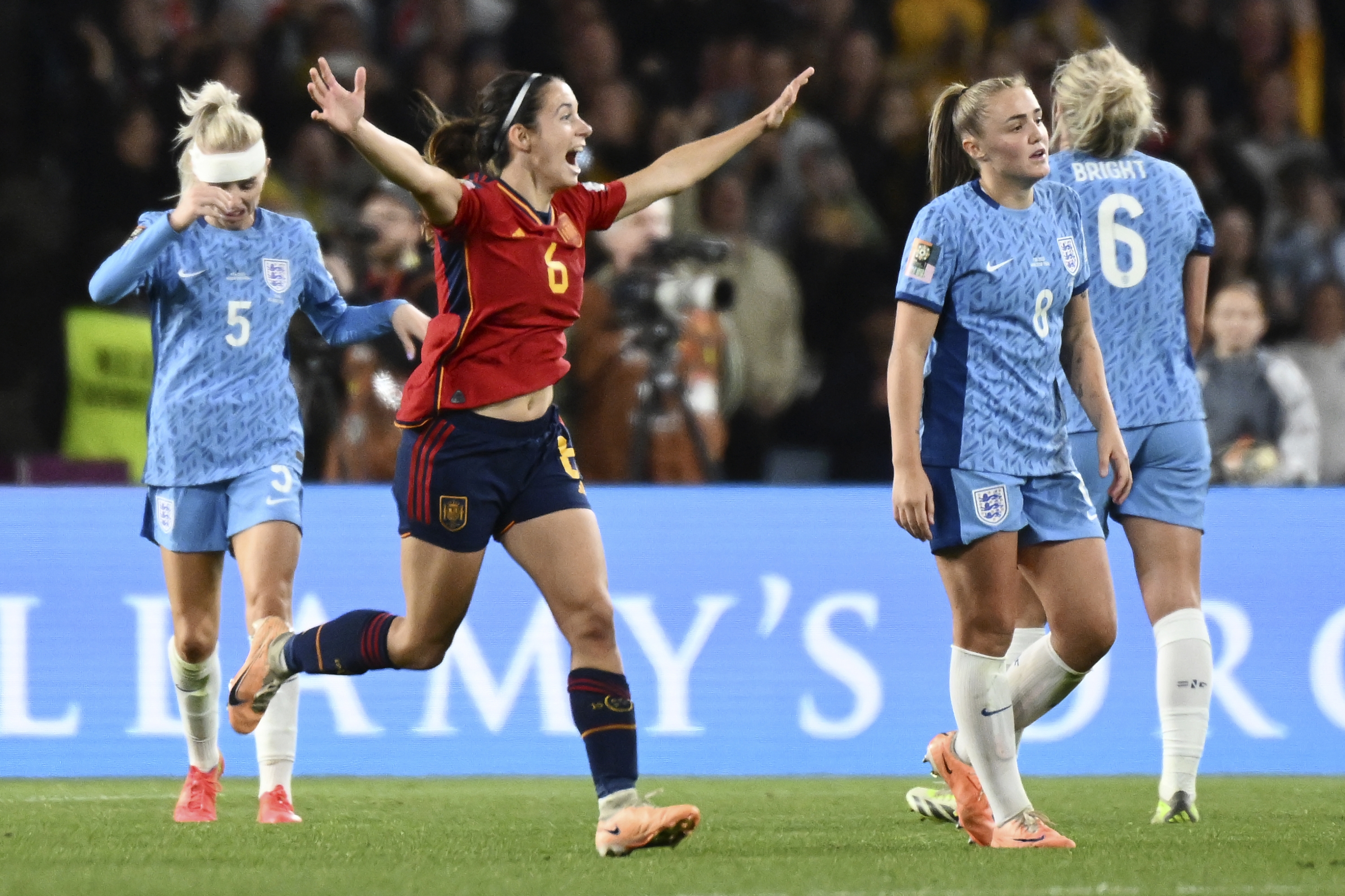 Spain's Aitana Bonmati celebrates after Spain defeated England after the Women's World Cup soccer final at Stadium Australia in Sydney, Australia, Sunday, Aug. 20, 2023. (AP Photo/Steve Markham)