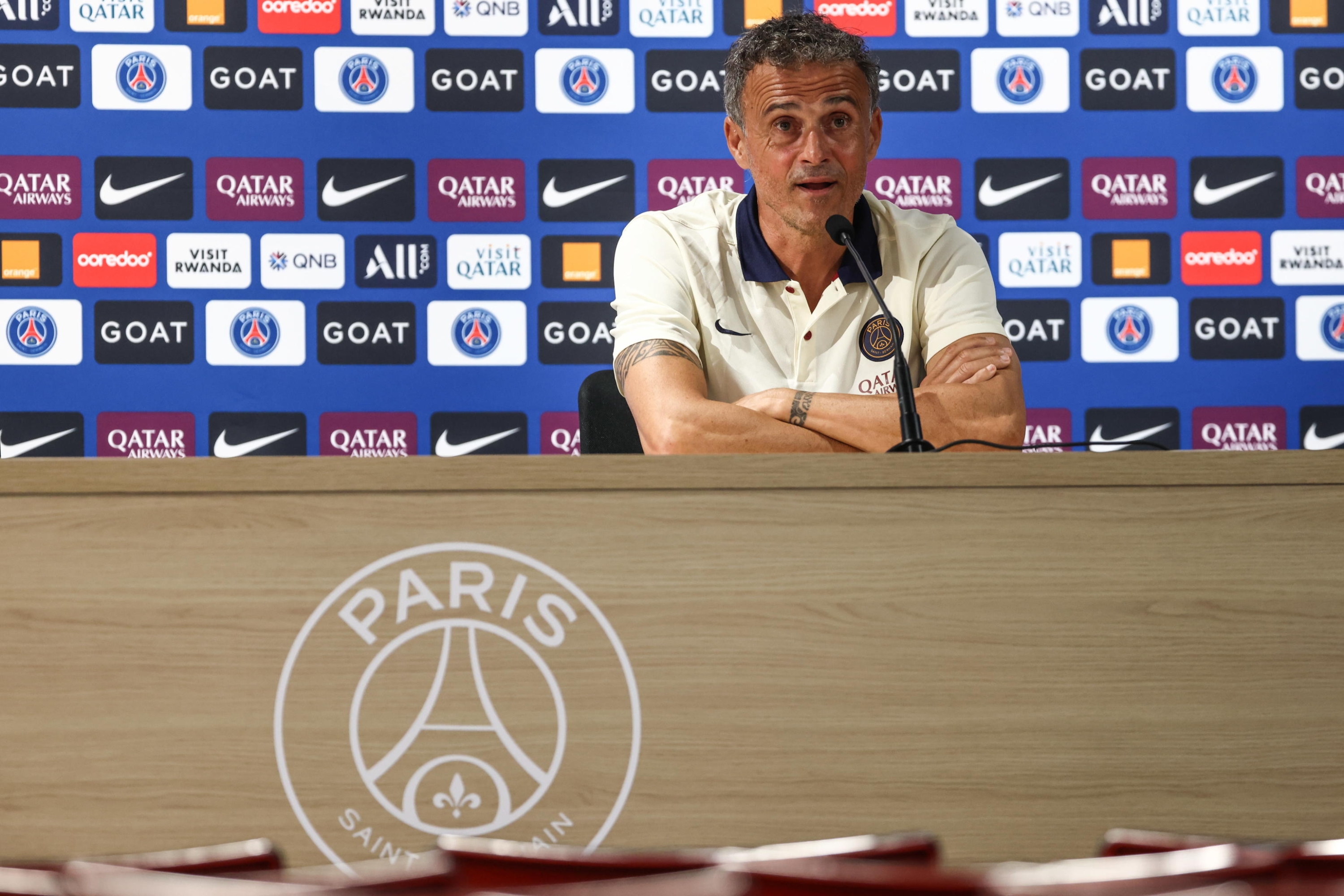 epa10805451 Paris Saint Germain's head coach Luis Enrique attends a press conference after a training session at the club's sports complex in Poissy, near Paris, France, 18 August 2023.  EPA/MOHAMMED BADRA