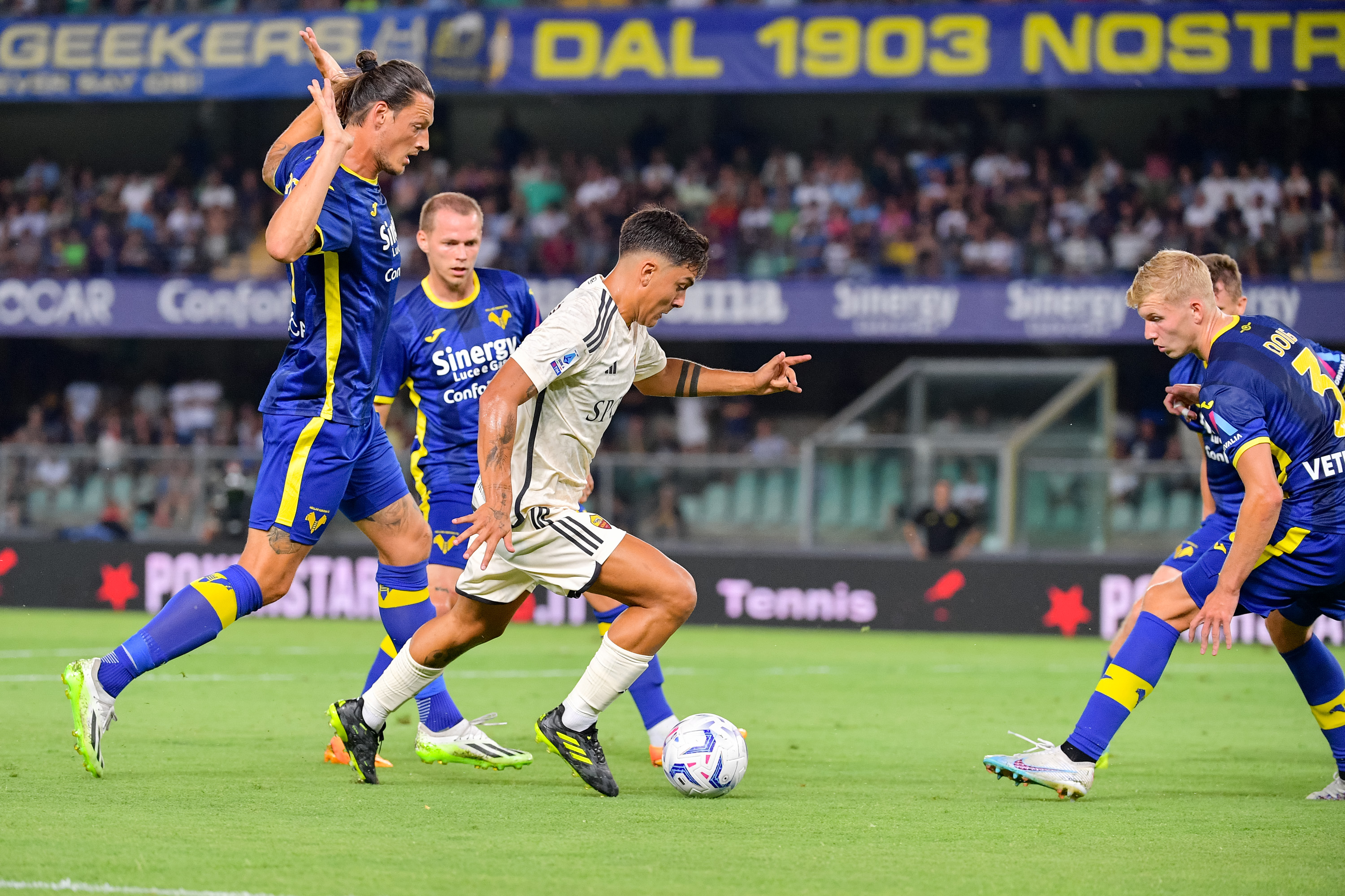 VERONA, ITALY - AUGUST 26: Paulo Dybala of AS Roma in action during the Serie A TIM match between Hellas Verona FC and AS Roma at Stadio Marcantonio Bentegodi on August 26, 2023 in Verona, Italy. (Photo by Fabio Rossi/AS Roma via Getty Images)
