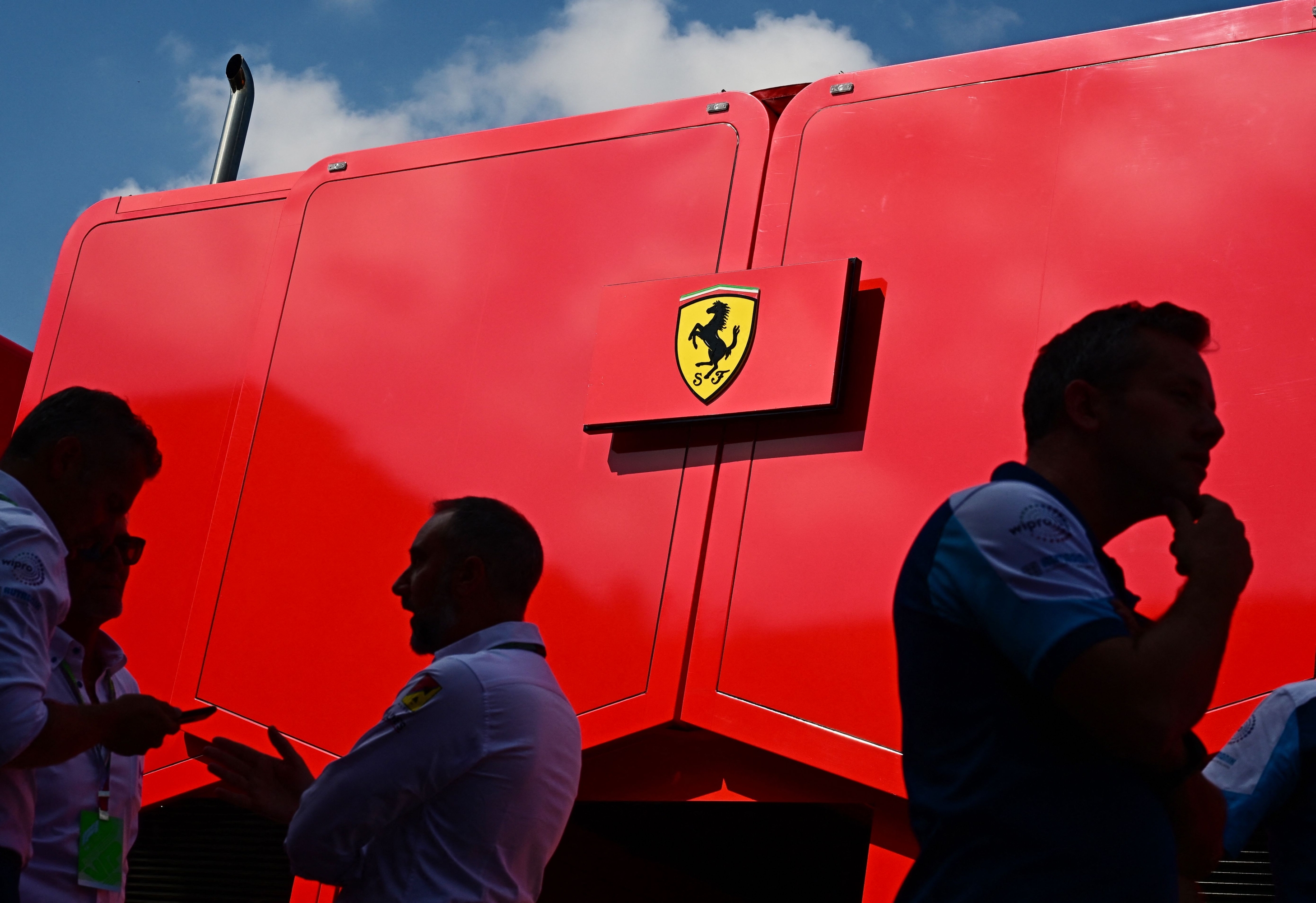 This picture taken on August 31, 2023 shows the Ferrari's logo on the truck at the paddock of the Monza Circuit ahead of the Italy's Formula One Grand Prix, in Monza northern Italy. The 2023 Italy's Grand Prix will take place on September 3, 2023. (Photo by Marco BERTORELLO / AFP)