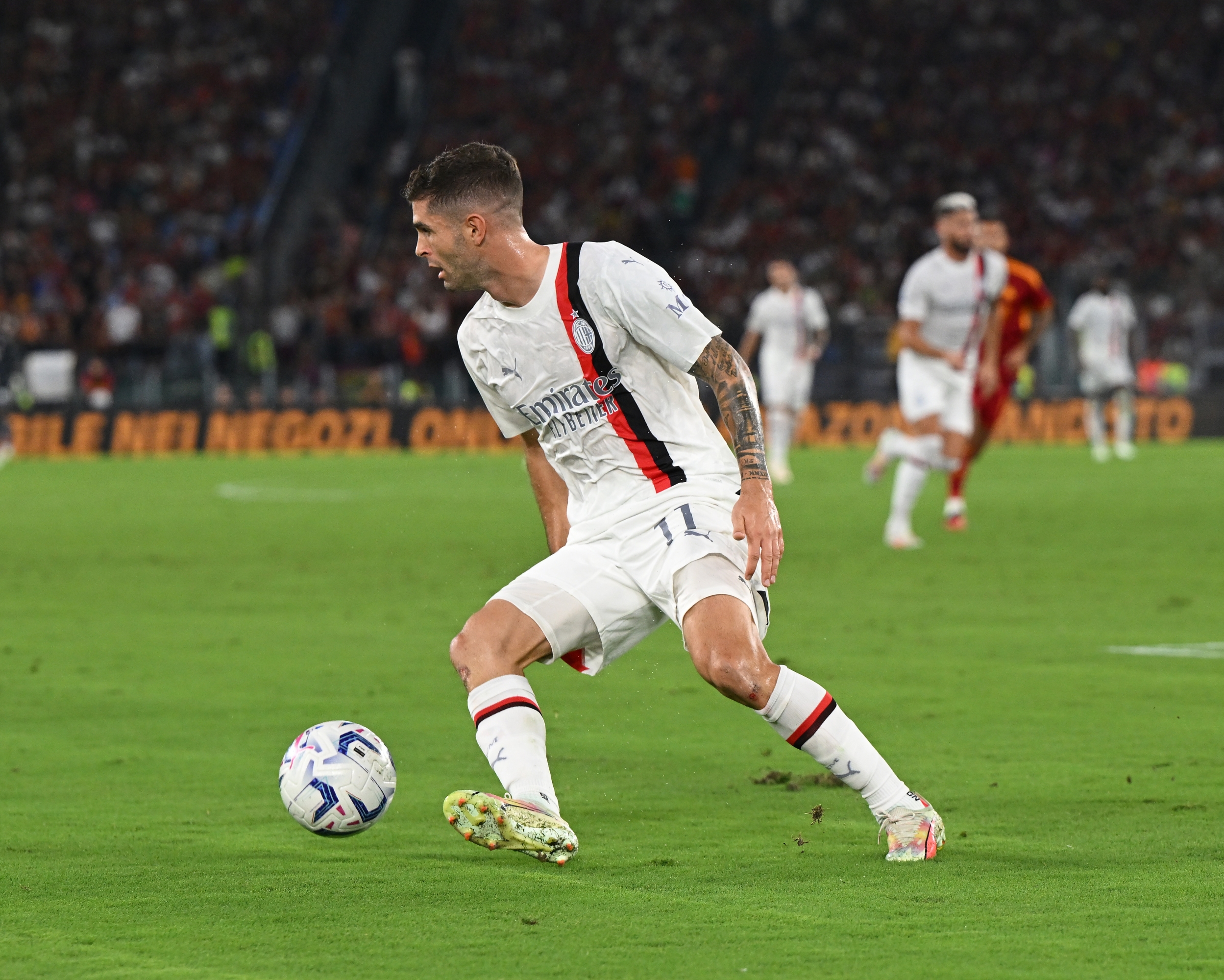 ROME, ITALY - SEPTEMBER 01: Christian Pulisic of AC Milan in action during the Serie A TIM match between AS Roma and AC Milan at Stadio Olimpico on September 01, 2023 in Rome, Italy. (Photo by Claudio Villa/AC Milan via Getty Images)