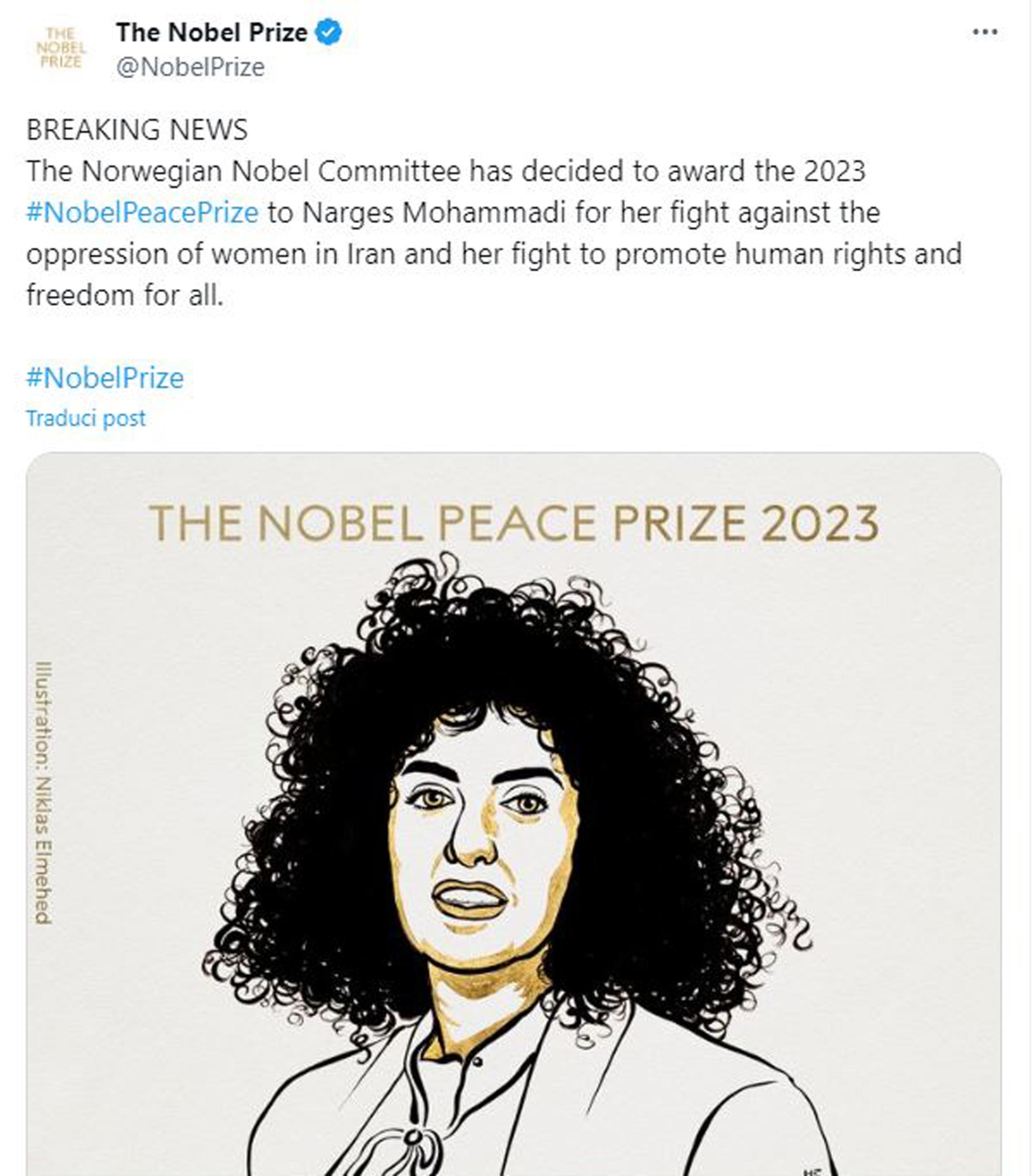 Il Premio Nobel per la Pace 2023 è stato assegnato dall'Accademia di Svezia all'attivista iraniana per i diritti delle donne Narges Mohammadi.  X NOBEL PRIZE  +++ ATTENZIONE LA FOTO NON PUO' ESSERE PUBBLICATA O RIPRODOTTA SENZA L'AUTORIZZAZIONE DELLA FONTE DI ORIGINE CUI SI RINVIA+++ NPK +++