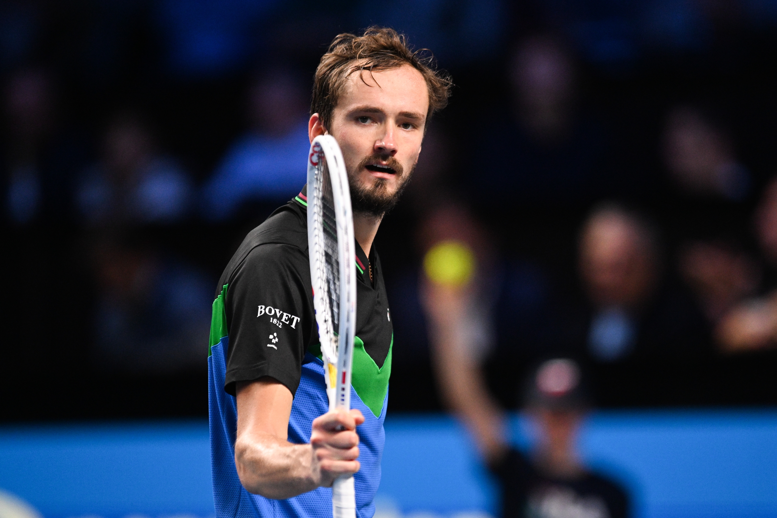 VIENNA, AUSTRIA - OCTOBER 27: Daniil Medvedev of Russia reacts in his quarter final match against Karen Khachanov of Russia during their quarter finals match on day seven of the Erste Bank Open 2023 at Wiener Stadthalle on October 27, 2023 in Vienna, Austria. (Photo by Thomas Kronsteiner/Getty Images)