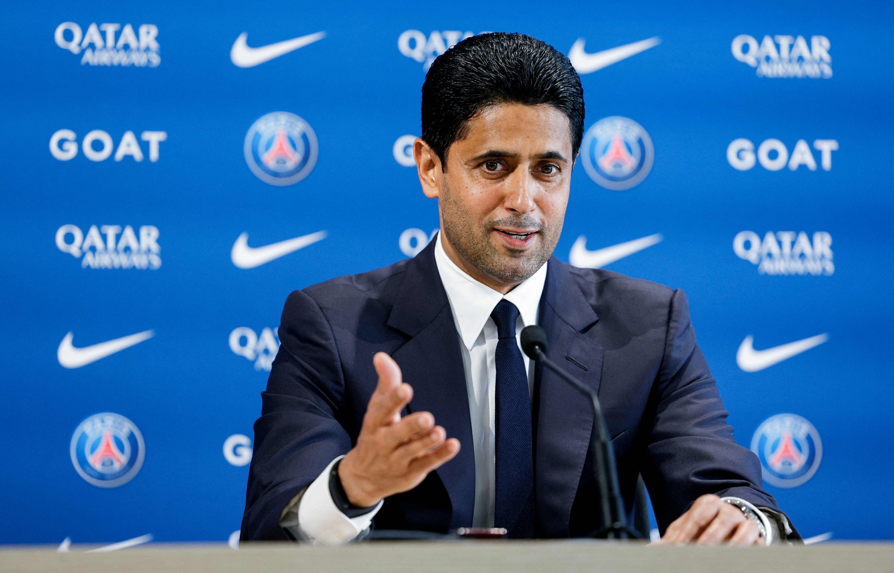 Paris Saint Germain's Qatari president Nasser al-Khelaifi speaks during a press conference to announce the presentation of the new coach, at the new 'campus' of French L1 Paris Saint-Germain (PSG) football club at Poissy, west of Paris on July 5, 2023. Former Barcelona and Spain coach Luis Enrique has been appointed as the new coach of Paris Saint-Germain on a two-year deal, the French champions announced on July 5, 2023. (Photo by Geoffroy VAN DER HASSELT / AFP)