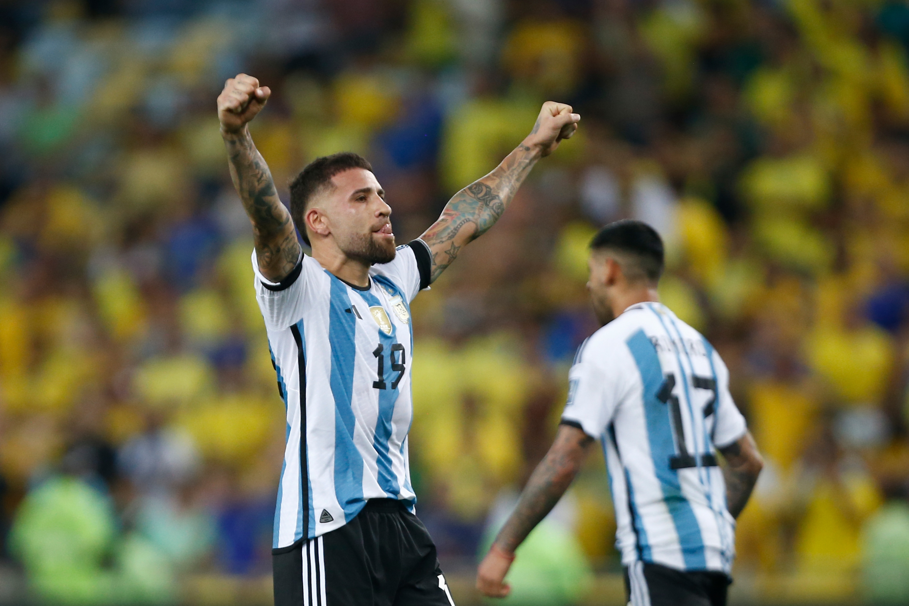 RIO DE JANEIRO, BRAZIL - NOVEMBER 21: Nicolas Otamendi of Argentina celebrates after winning a FIFA World Cup 2026 Qualifier match between Brazil and Argentina at Maracana Stadium on November 21, 2023 in Rio de Janeiro, Brazil. (Photo by Wagner Meier/Getty Images)