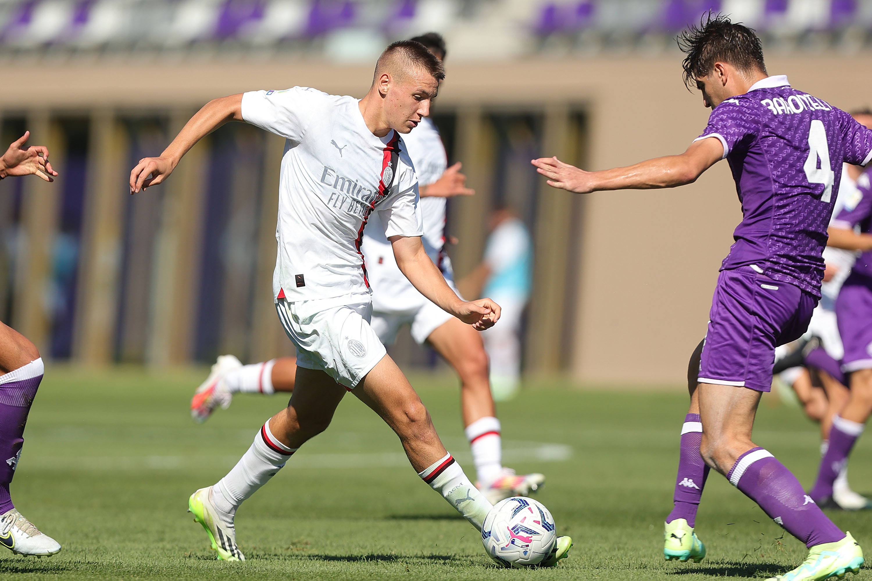 FLORENCE, ITALY - SEPTEMBER 30: Francesco Camarda of AC Milan in action durign the match between of ACF Fiorentina U19 v AC Milan U19 at Rocco B Commissiso Viola Park on September 30, 2023 in Bagno a Ripoli, Italy. (Photo by Gabriele Maltinti/AC Milan via Getty Images)