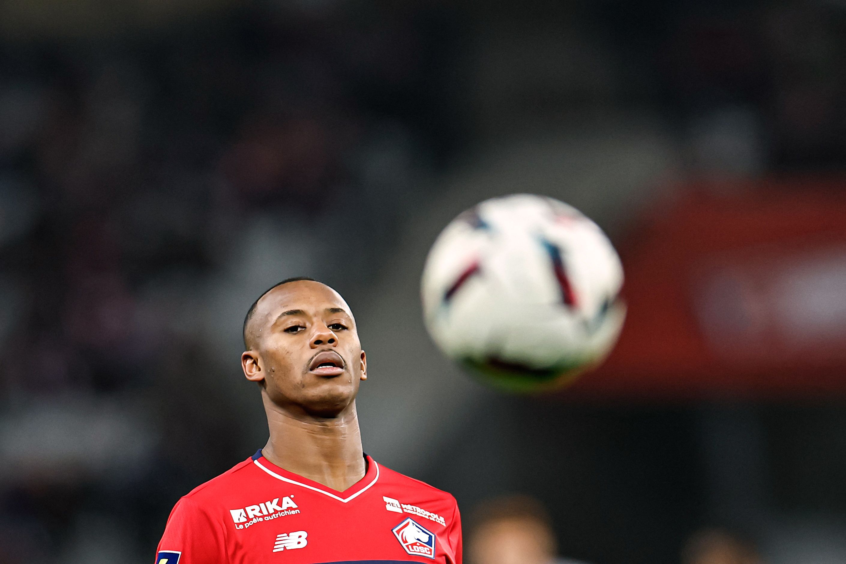 Lille's Portuguese defender Tiago Djalo eyes the ball during the French L1 football match between Lille LOSC and Clermont Foot 63 at Pierre-Mauroy stadium in Villeneuve-d'Ascq, northern France on February 1, 2023. (Photo by Sameer Al-DOUMY / AFP)