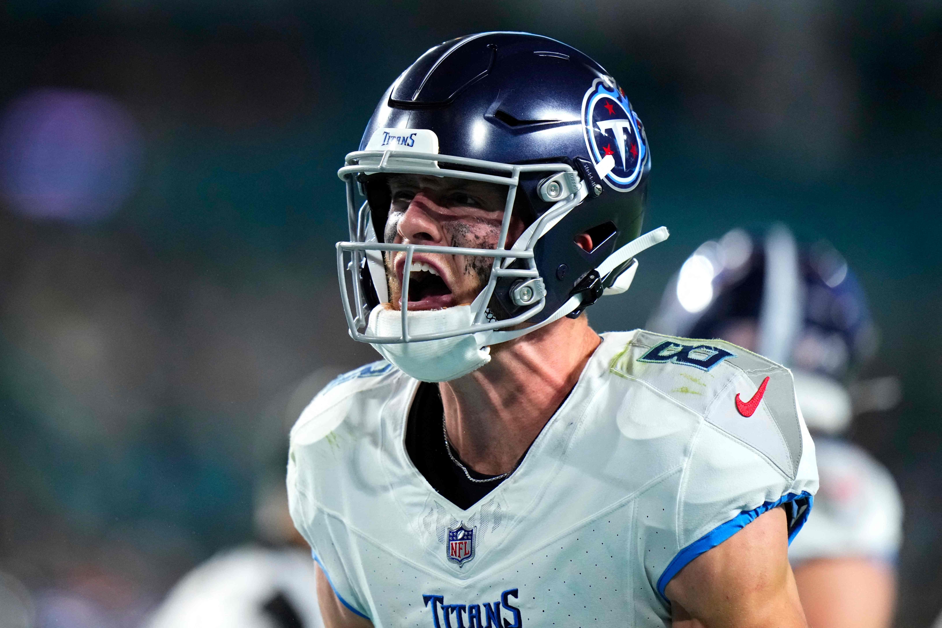 MIAMI GARDENS, FLORIDA - DECEMBER 11: Will Levis #8 of the Tennessee Titans celebrates in the fourth quarter against the Miami Dolphins at Hard Rock Stadium on December 11, 2023 in Miami Gardens, Florida.   Rich Storry/Getty Images/AFP (Photo by Rich Storry / GETTY IMAGES NORTH AMERICA / Getty Images via AFP)