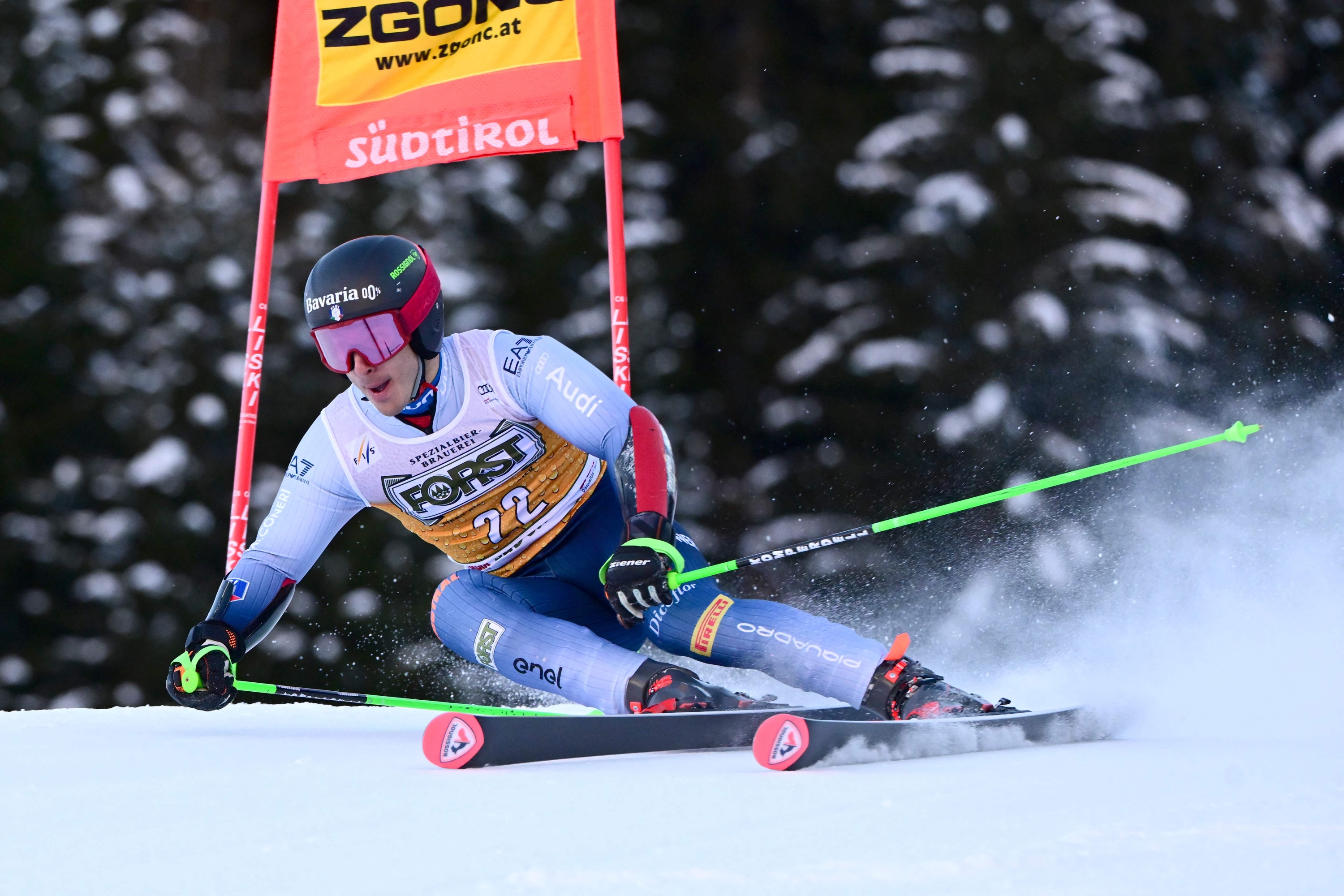 Italy's Giovanni Borsotti competes in the first run of the men's Giant Slalom, during the FIS Alpine Ski World Cup in Alta Badia on December 17, 2023. (Photo by Tiziana FABI / AFP)