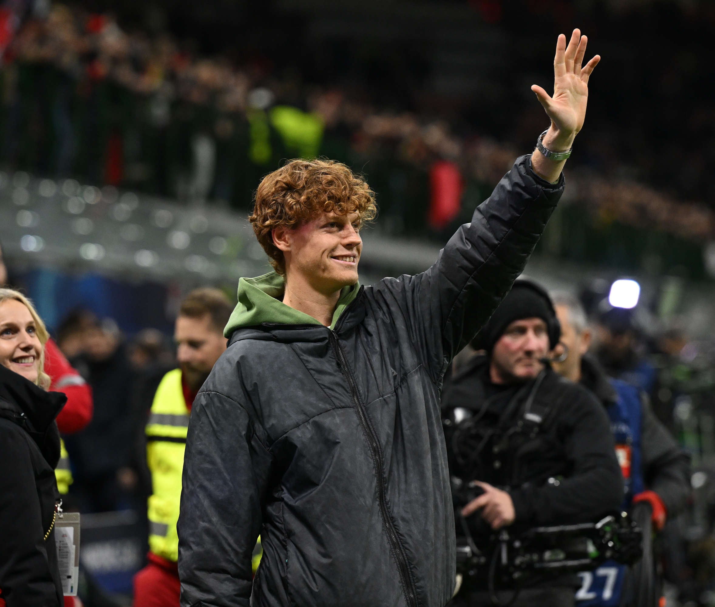 MILAN, ITALY - NOVEMBER 28:  Jannik Sinner attends before the UEFA Champions League match between AC Milan and Borussia Dortmund at Stadio Giuseppe Meazza on November 28, 2023 in Milan, Italy. (Photo by Claudio Villa/AC Milan via Getty Images)