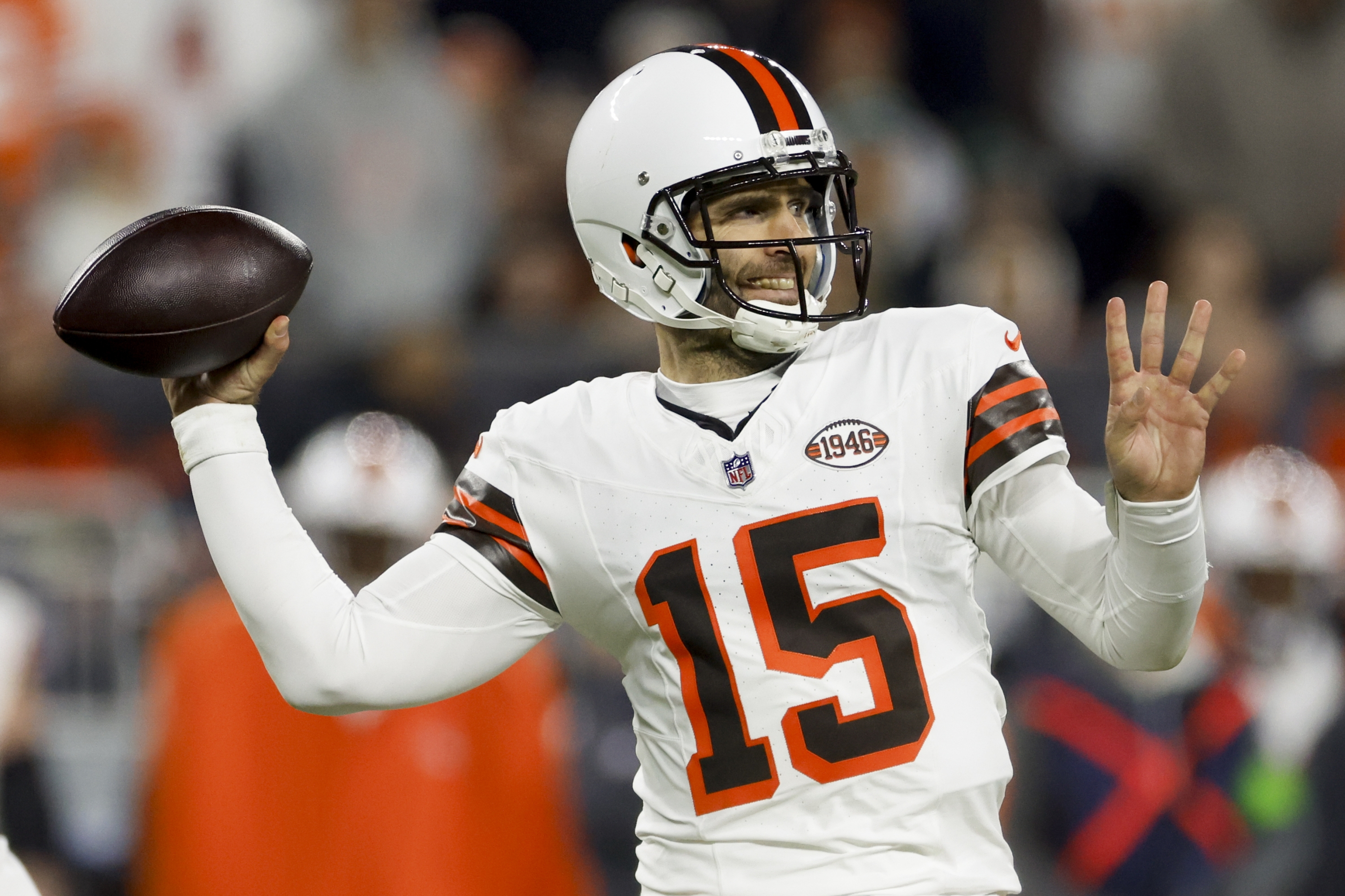 Cleveland Browns quarterback Joe Flacco passes against the New York Jets during the first half of an NFL football game Thursday, Dec. 28, 2023, in Cleveland. (AP Photo/Ron Schwane)