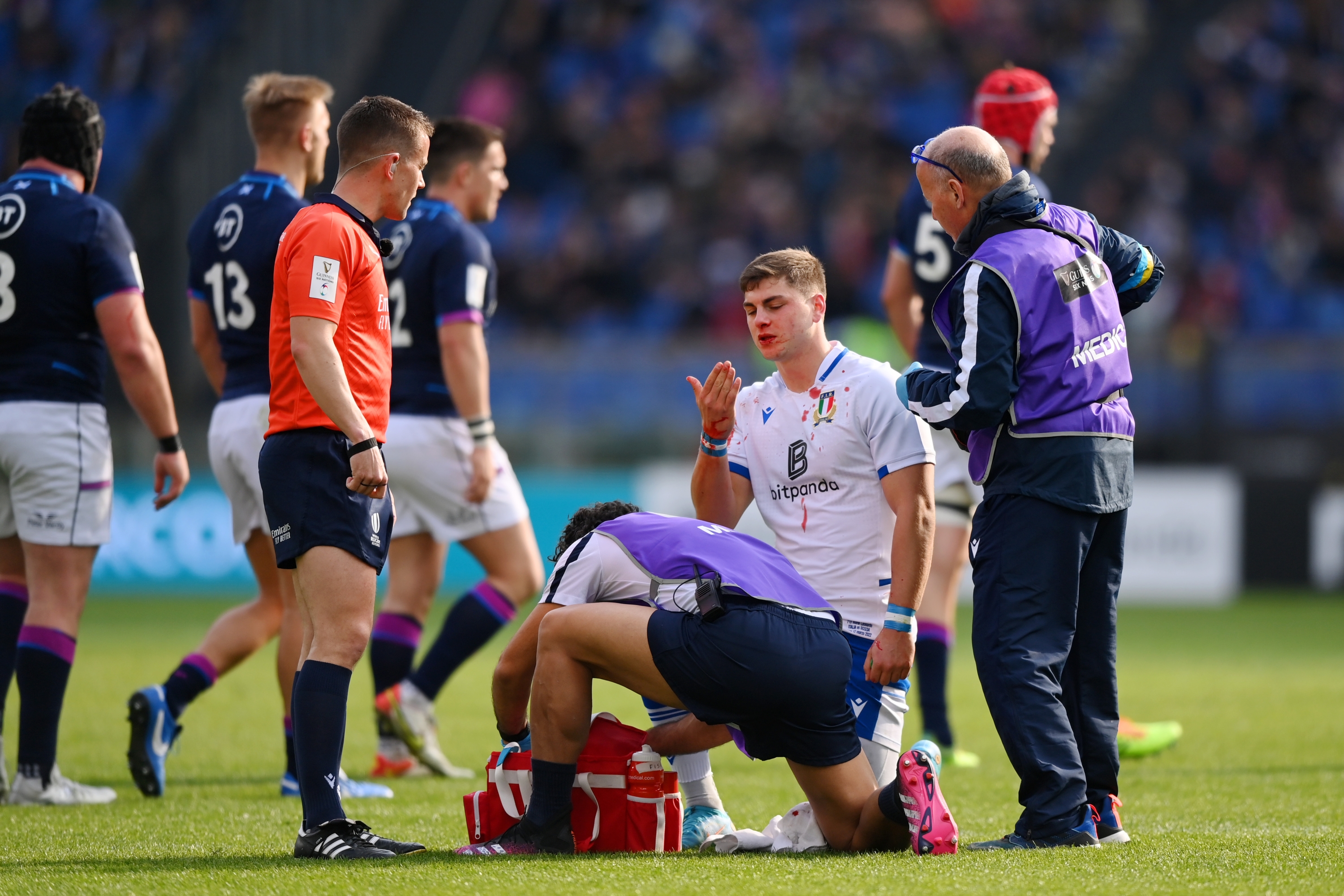 ROME, ITALY - MARCH 12: Leonardo Marin of Italy receives medical treatment during the Guinness Six Nations Rugby match between Italy and Scotland at Stadio Olimpico on March 12, 2022 in Rome, Italy. (Photo by Justin Setterfield/Getty Images)