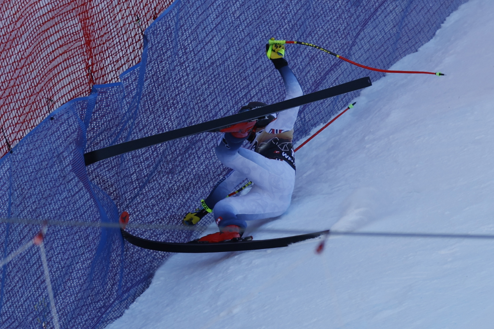 Norway's Aleksander Aamodt Kilde falls during an alpine ski, men's World Cup downhill race, in Wengen, Switzerland, Saturday, Jan. 13, 2024. (AP Photo/Alessandro Trovati)
