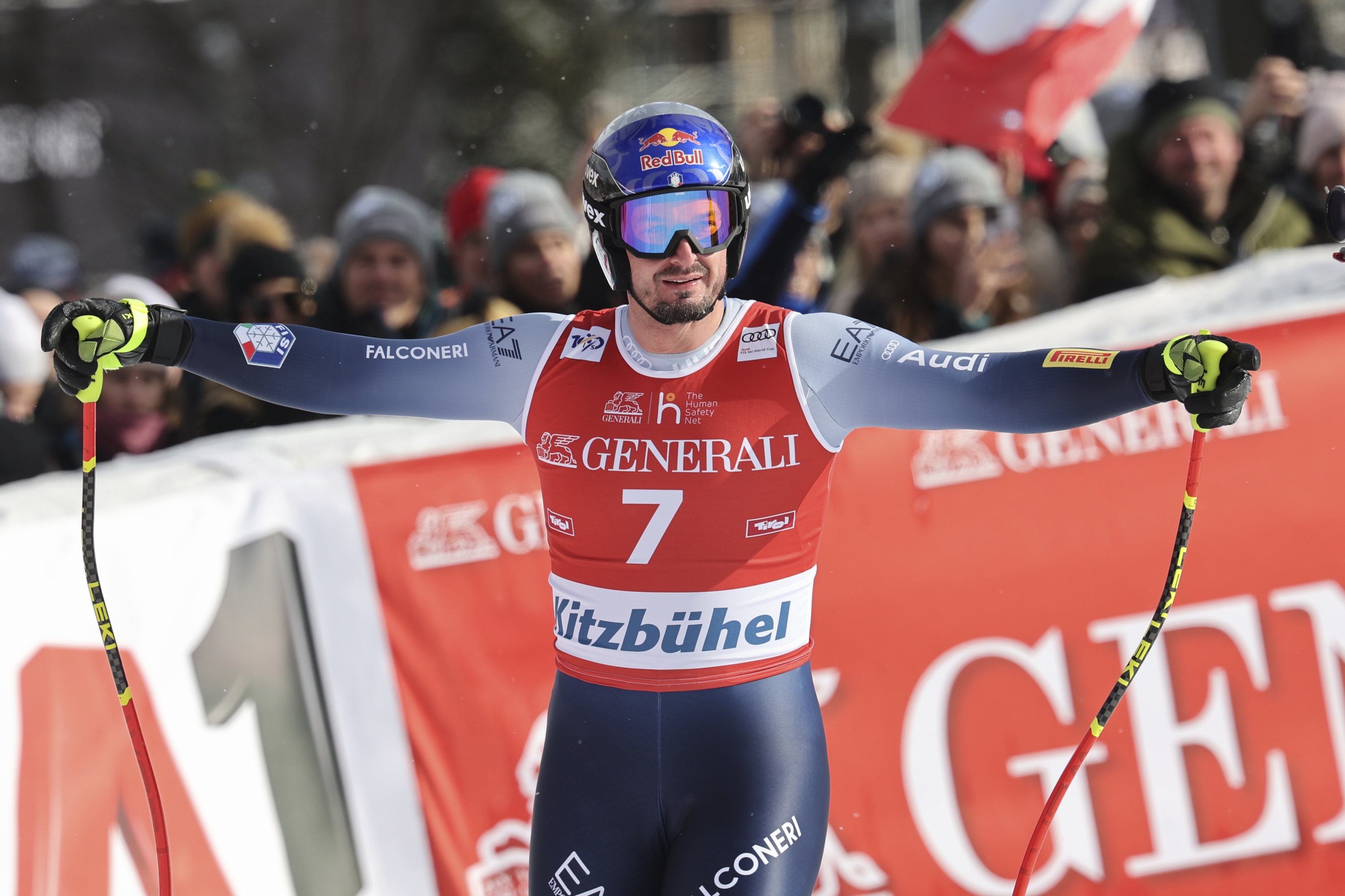 Italy's Dominik Paris reacts after an alpine ski, men's World Cup downhill, in Kitzbuehel, Austria, Friday, Jan. 19, 2024. (AP Photo/Marco Trovati)