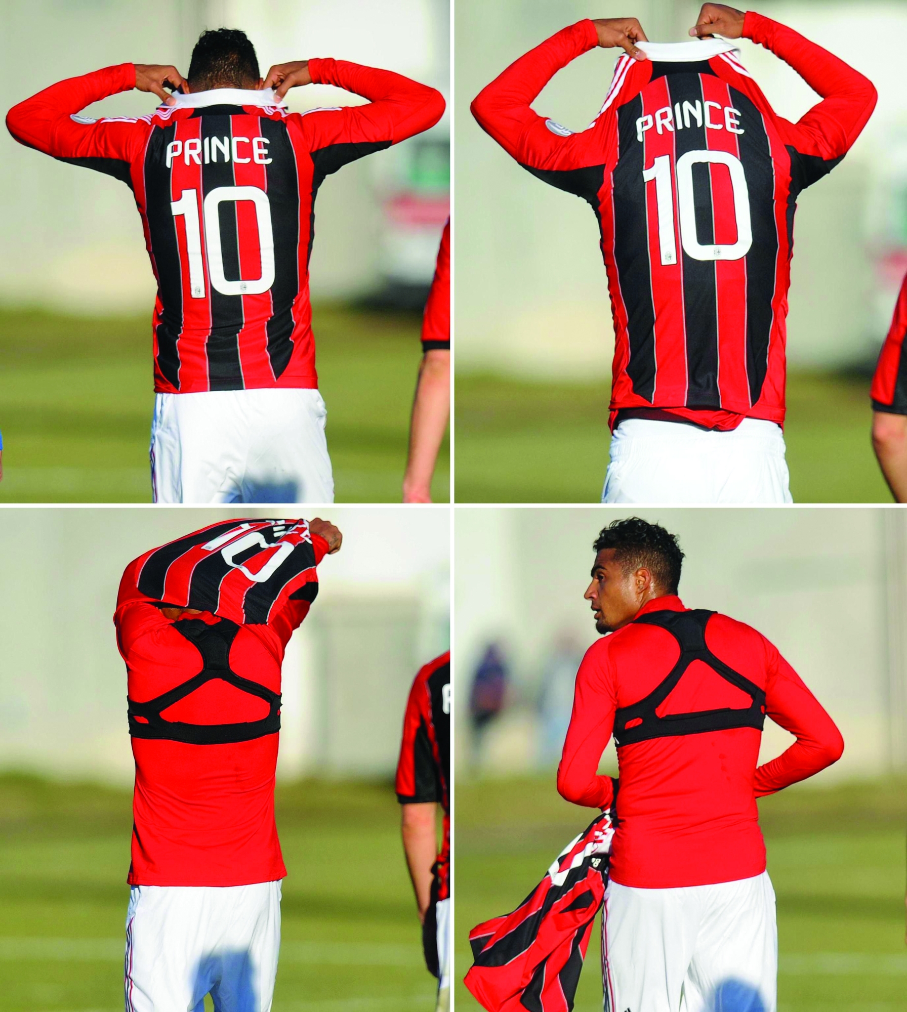 Una combo mostra il giocatore del Milan Kevin Prince Boateng che si toglie la maglia e lascia il campo dopo gli insulti razzisti durante l'amichevole tra Pro Patria e Milan a Busto Arsizio, 3 gennaio 2013. La partita e' stata sospesa per insulti razzisti da parte dei tifosi della Pro Patria nei confronti dei giocatori di colore del Milan.
ANSA/DANIELE MASCOLO