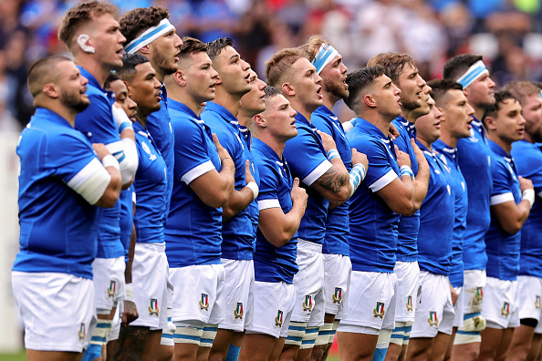 NICE, FRANCE - SEPTEMBER 20: The players of Italy line up during the National Anthems prior to the Rugby World Cup France 2023 match between Italy and Uruguay at Stade de Nice on September 20, 2023 in Nice, France. (Photo by David Rogers/Getty Images)