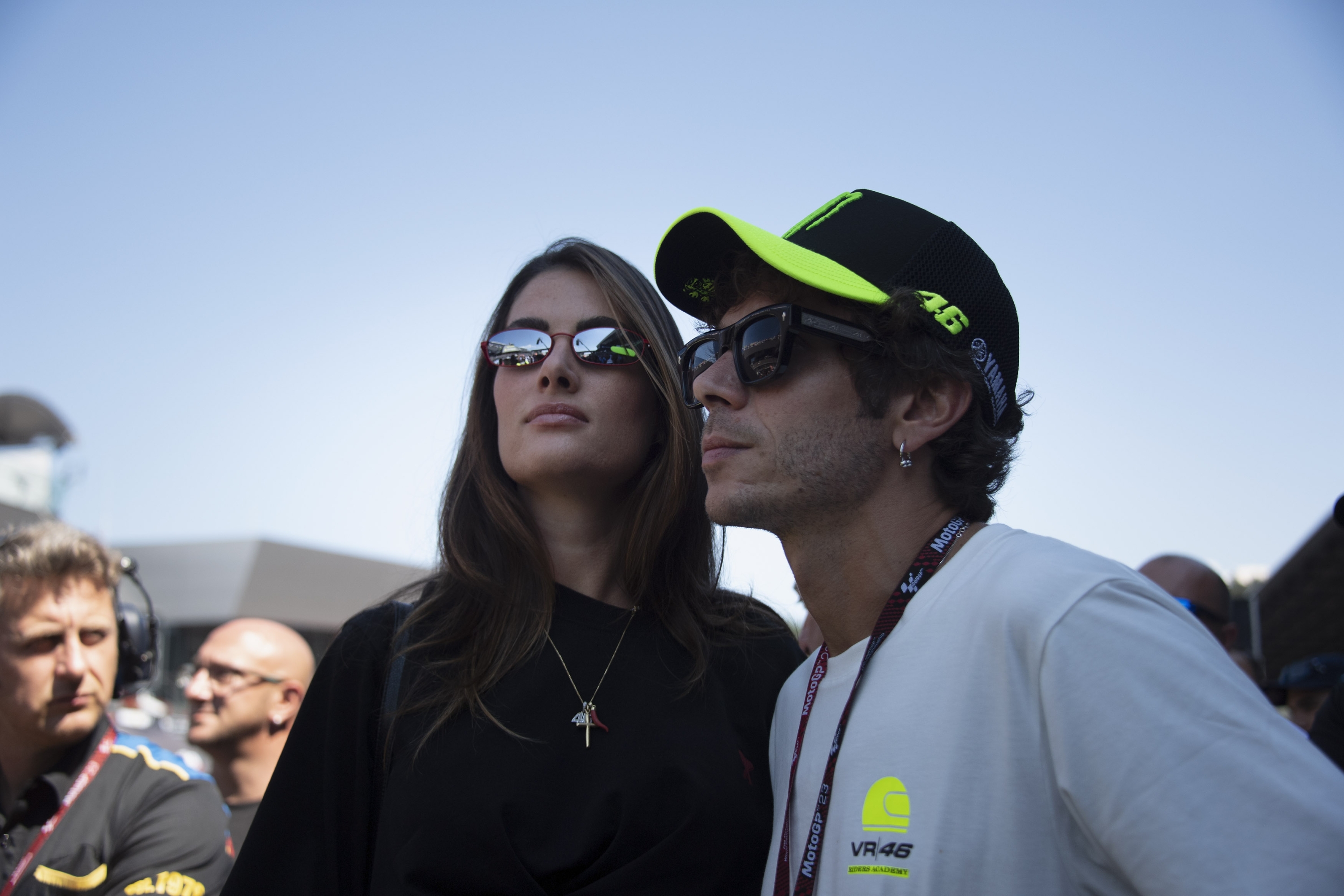 SPIELBERG, AUSTRIA - AUGUST 20: Valentino Rossi of Italy and Francesca Sofia Novello of Italy (girlfriend of Valentino Rossi of ITALY ) look on from the grid during the MotoGP race during the MotoGP of Austria - Race at Red Bull Ring on August 20, 2023 in Spielberg, Austria. (Photo by Mirco Lazzari gp/Getty Images)