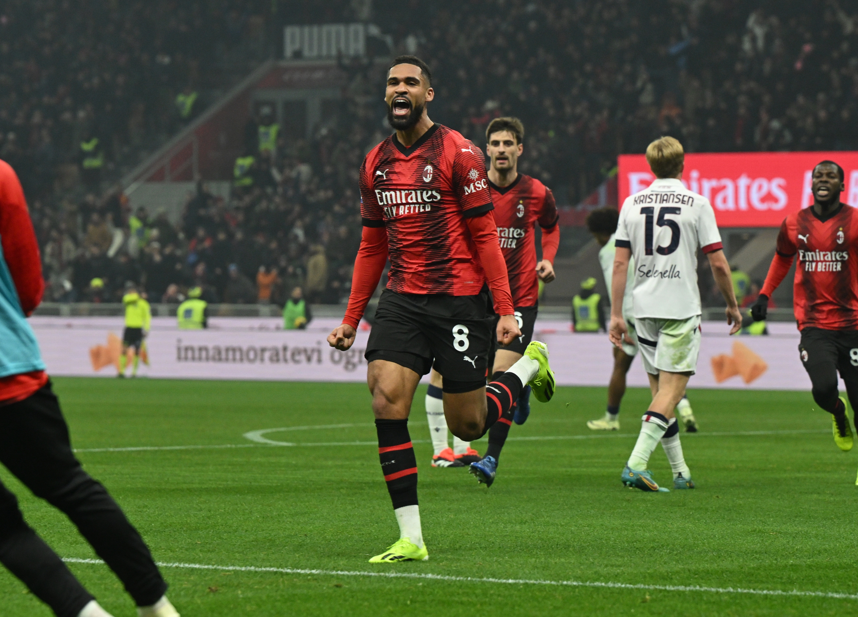 MILAN, ITALY - JANUARY 27:  Ruben Loftus Cheek of AC Milan celebrates after scoring the goal during the Serie A TIM match between AC Milan and Bologna FC - Serie A TIM  at Stadio Giuseppe Meazza on January 27, 2024 in Milan, Italy. (Photo by Claudio Villa/AC Milan via Getty Images)