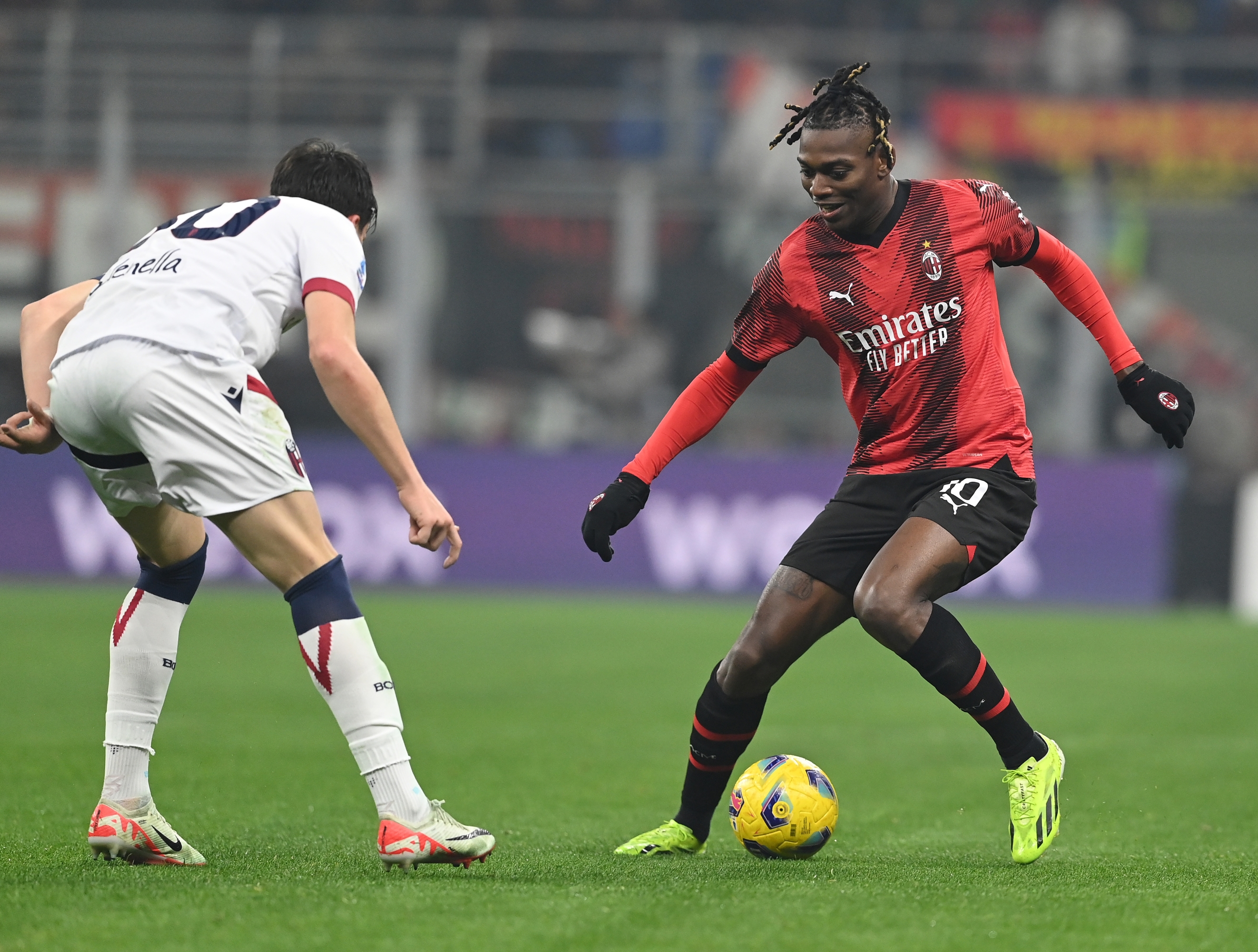 MILAN, ITALY - JANUARY 27:  Rafael Leao of AC Milan in action during the Serie A TIM match between AC Milan and Bologna FC - Serie A TIM  at Stadio Giuseppe Meazza on January 27, 2024 in Milan, Italy. (Photo by Claudio Villa/AC Milan via Getty Images)
