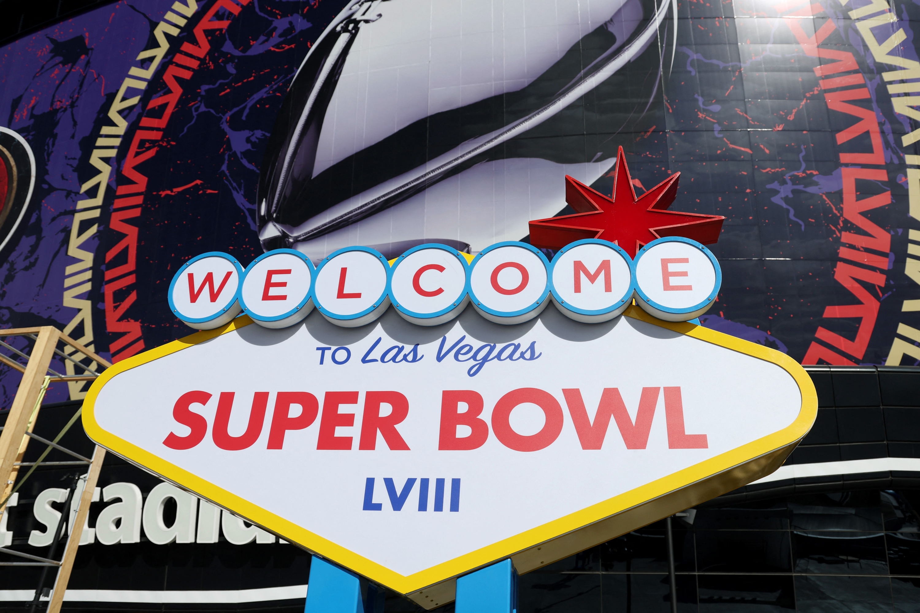 LAS VEGAS, NEVADA - FEBRUARY 07: Super Bowl LVIII signage is seen outside of Allegiant Stadium on February 07, 2024 in Las Vegas, Nevada.   Rob Carr/Getty Images/AFP (Photo by Rob Carr / GETTY IMAGES NORTH AMERICA / Getty Images via AFP)