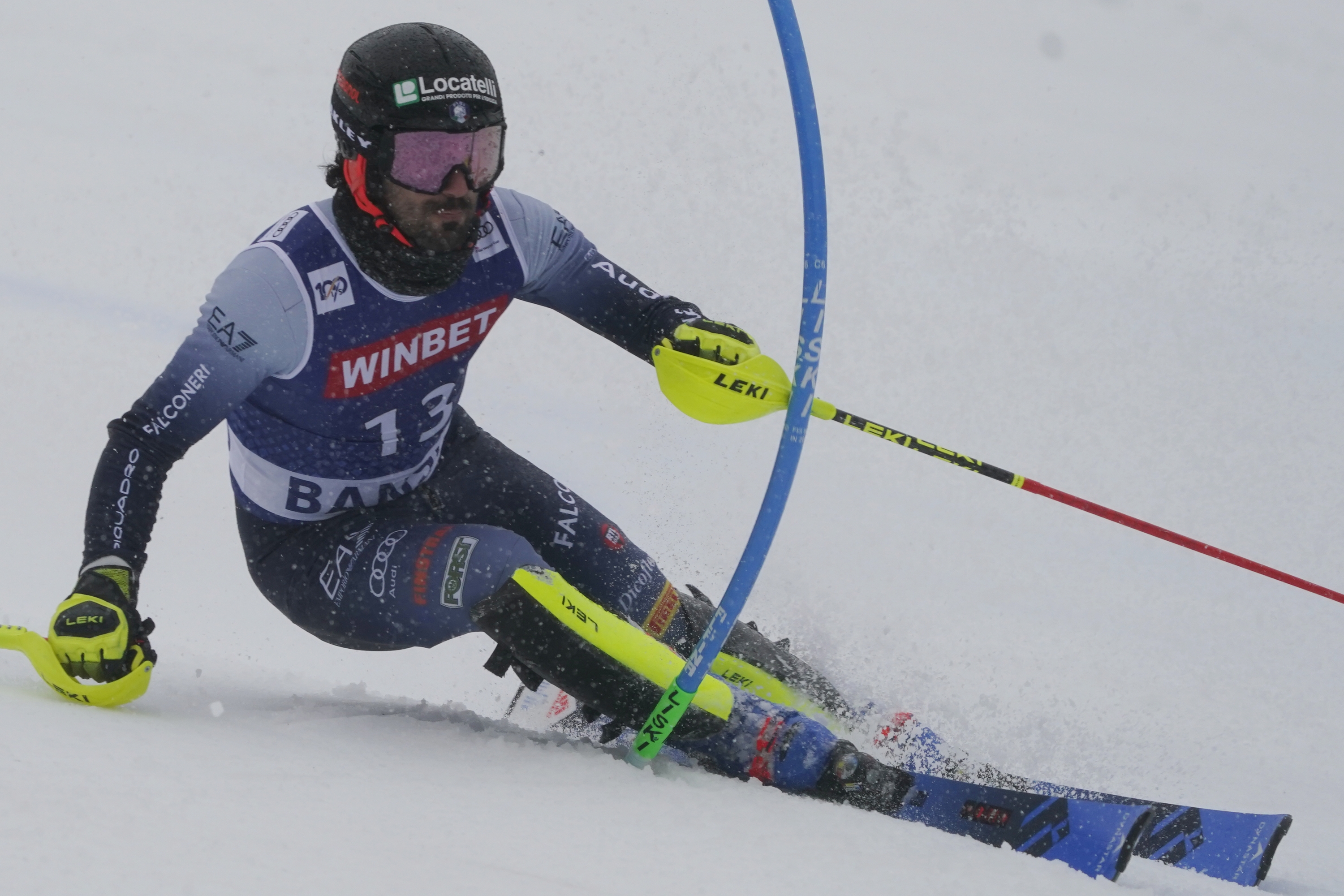 Italy's Tommaso Sala speeds down the course during an alpine ski, men's World Cup slalom race, in Bansko, Bulgaria, Sunday, Feb. 11, 2024. (AP Photo/Giovanni Auletta)