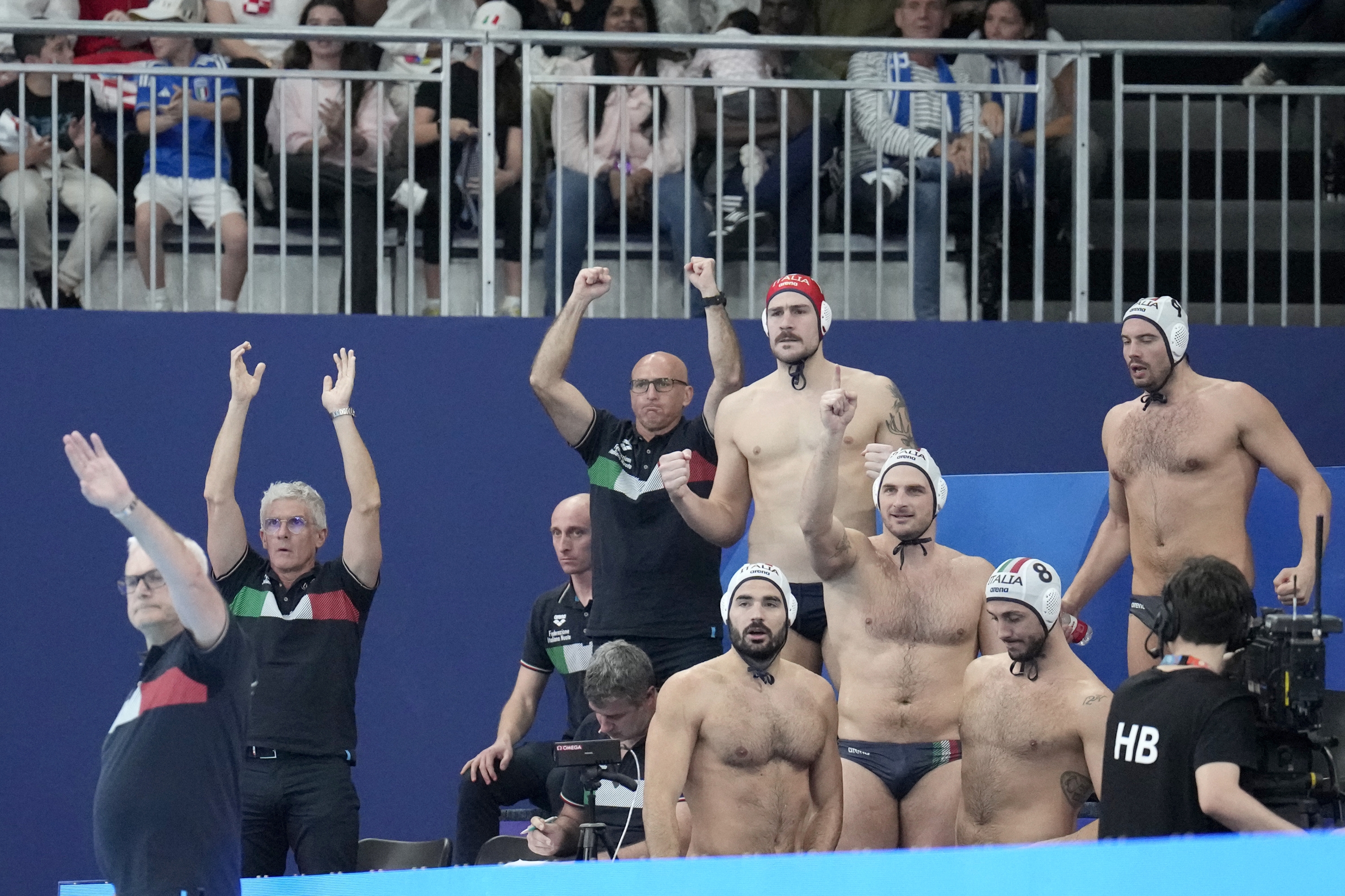 Italian players react during the men's water polo final match between Italy and Croatia at the World Aquatics Championships in Doha, Qatar, Saturday, Feb. 17, 2024. (AP Photo/Lee Jin-man)