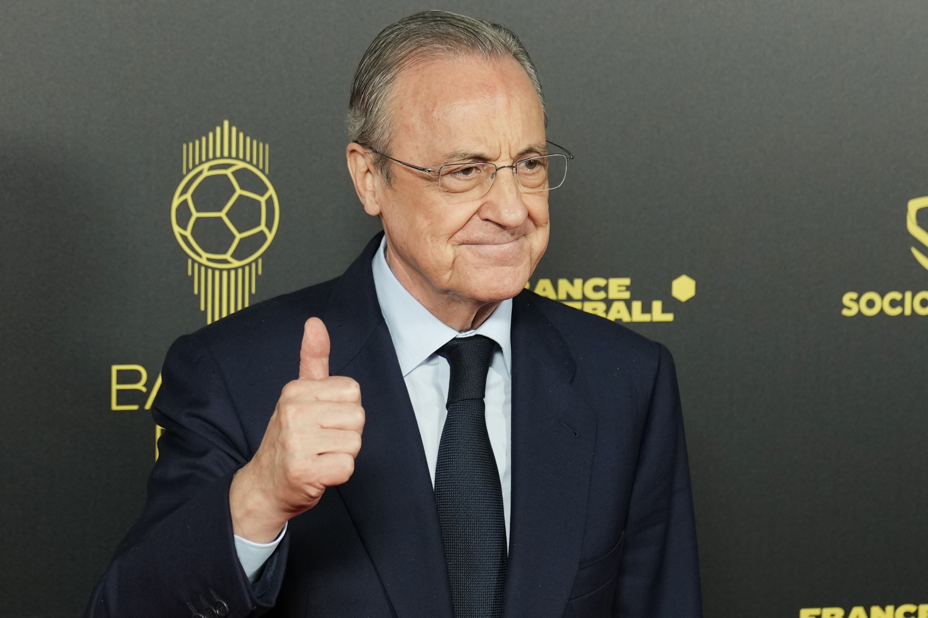 FILE - Real Madrid president Florentino Perez poses for a picture prior the 66th Ballon d'Or ceremony at Theatre du Chatelet in Paris, France, Monday, Oct. 17, 2022. The European Union?s top court has ruled UEFA and FIFA acted contrary to EU competition law by blocking plans for the breakaway Super League. The case was heard last year at the Court of Justice after Super League failed at launch in April 2021. UEFA President Aleksander Ceferin called the club leaders ?snakes? and ?liars.? (AP Photo/Francois Mori, File)