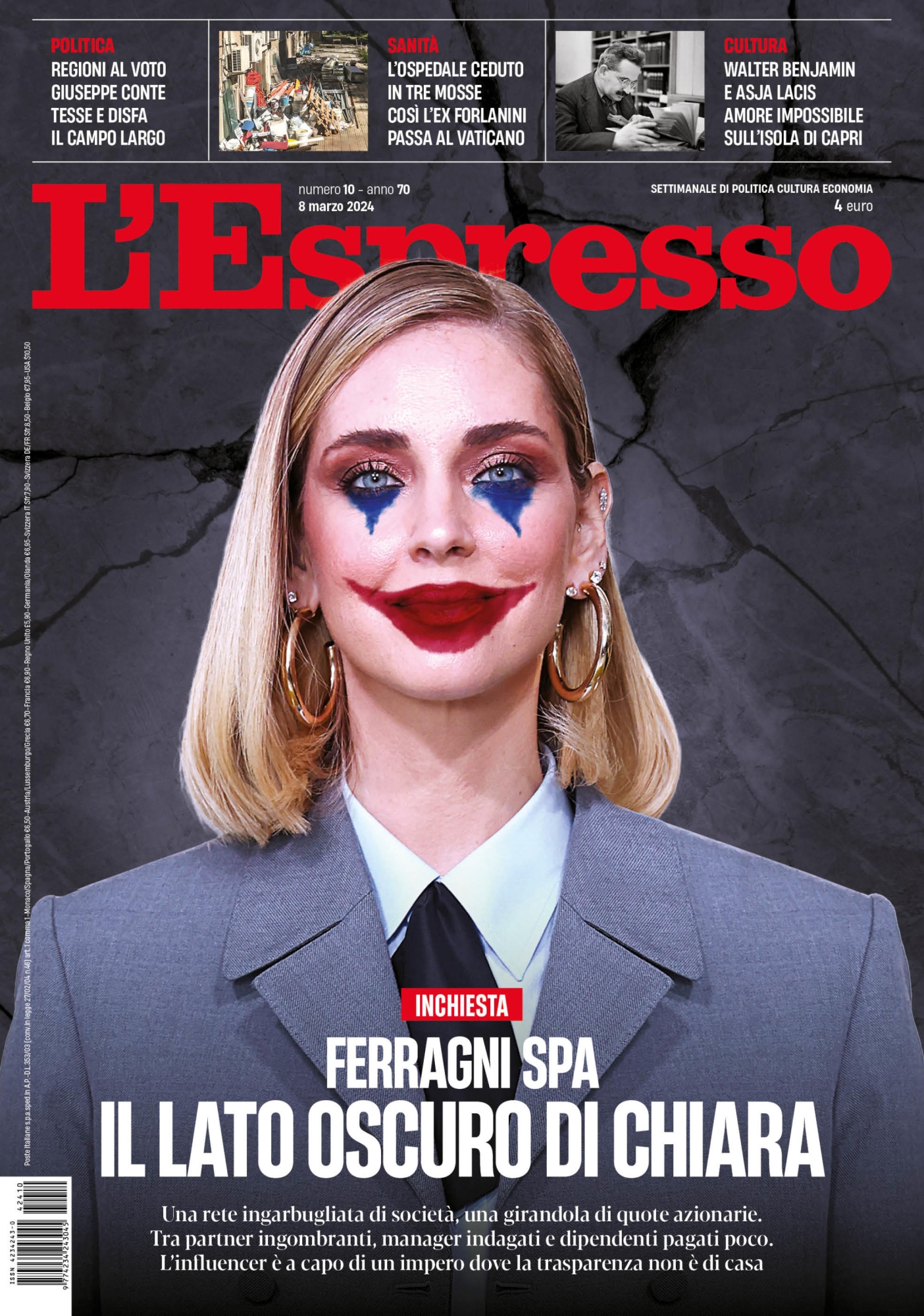 La copertina de L'Espresso in edicola da domani 8 marzo. ANSA/ UFFICIO STAMPA +++ ANSA PROVIDES ACCESS TO THIS HANDOUT PHOTO TO BE USED SOLELY TO ILLUSTRATE NEWS REPORTING OR COMMENTARY ON THE FACTS OR EVENTS DEPICTED IN THIS IMAGE; NO ARCHIVING; NO LICENSING +++ NPK +++