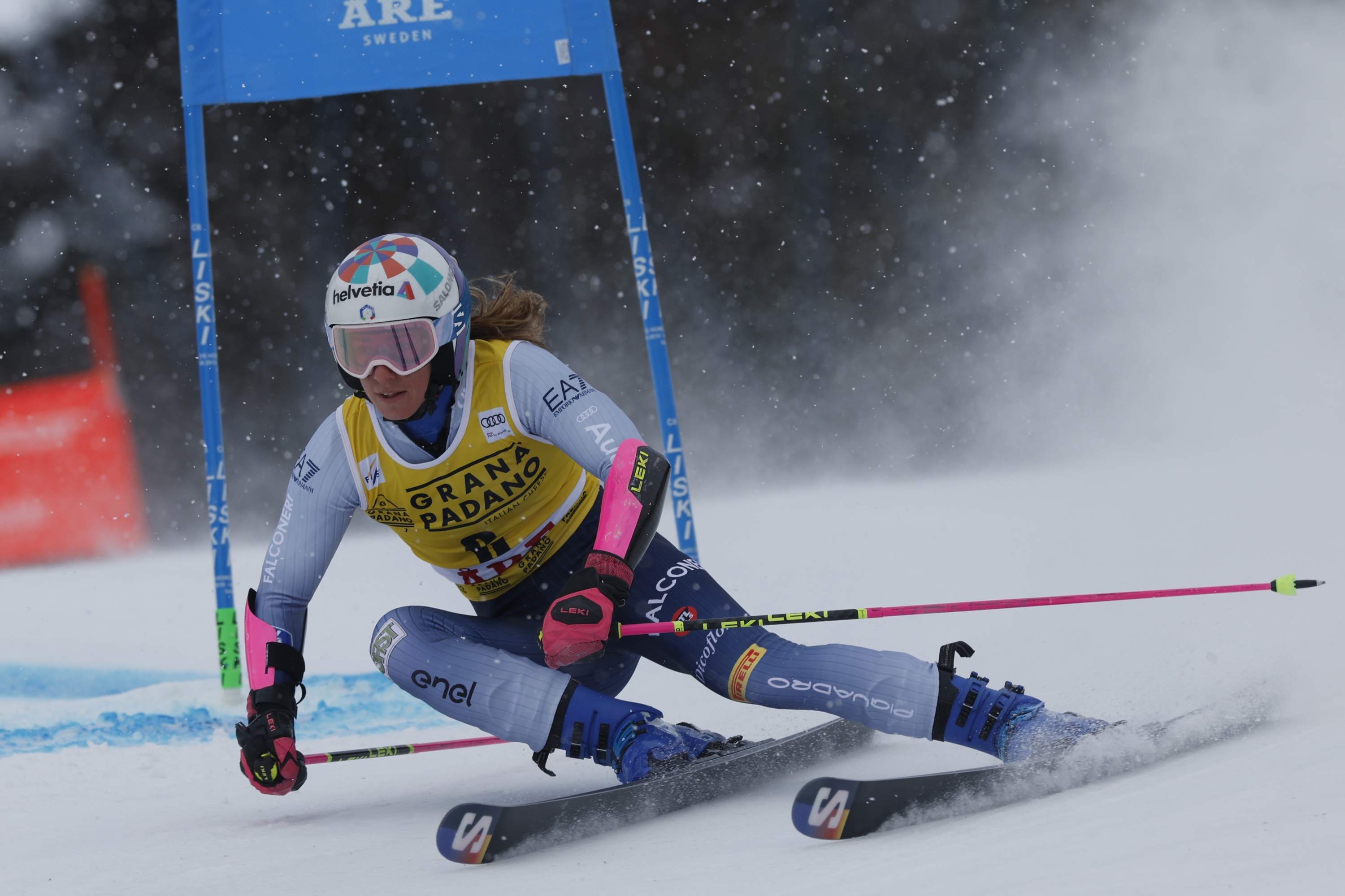 Italy's Marta Bassino speeds down the course during an alpine ski, women's World Cup giant slalom, in Are, Sweden, Saturday, March 9, 2024. (AP Photo/Alessandro Trovati)
