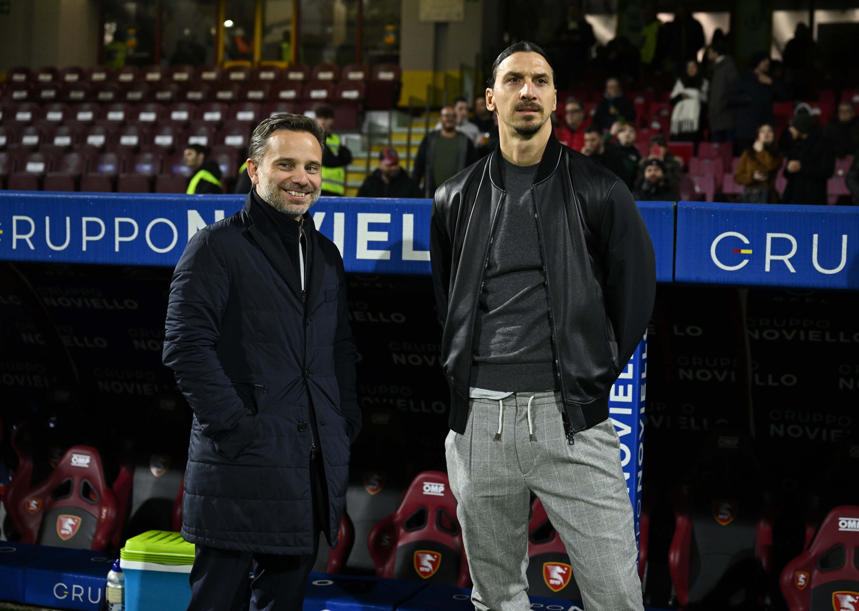 SALERNO, ITALY - DECEMBER 22:  Senior Advisor to Ownership, Zlatan Ibrahimovic and CEO of AC Milan Giorgio Furlani attend before the Serie A TIM match between US Salernitana and AC Milan at Stadio Arechi on December 22, 2023 in Salerno, Italy. (Photo by Claudio Villa/AC Milan via Getty Images)