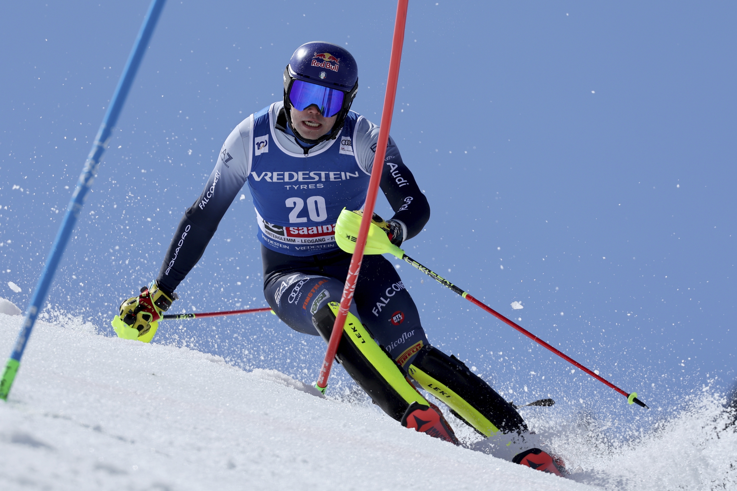Italy's Alex Vinatzer competes in the first run of an alpine ski, men's World Cup slalom race, in Saalbach, Austria, Sunday, March 17, 2024. (AP Photo/Marci Trovati)