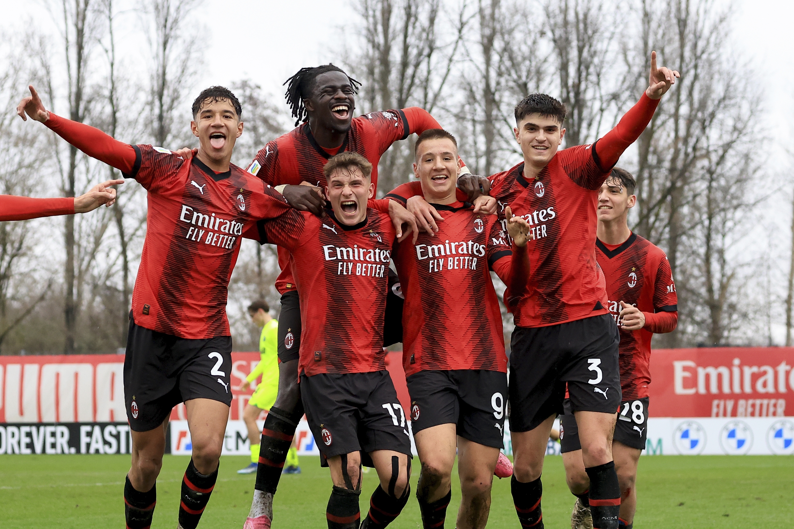 MILAN, ITALY - FEBRUARY 10: Francesco Camarda celebrates his goal with his team-mates during the Primavera 1 match between AC Milan U19 and Sassuolo U19 at Vismara PUMA House of Football on February 10, 2024 in Milan, Italy. (Photo by Giuseppe Cottini/AC Milan via Getty Images)