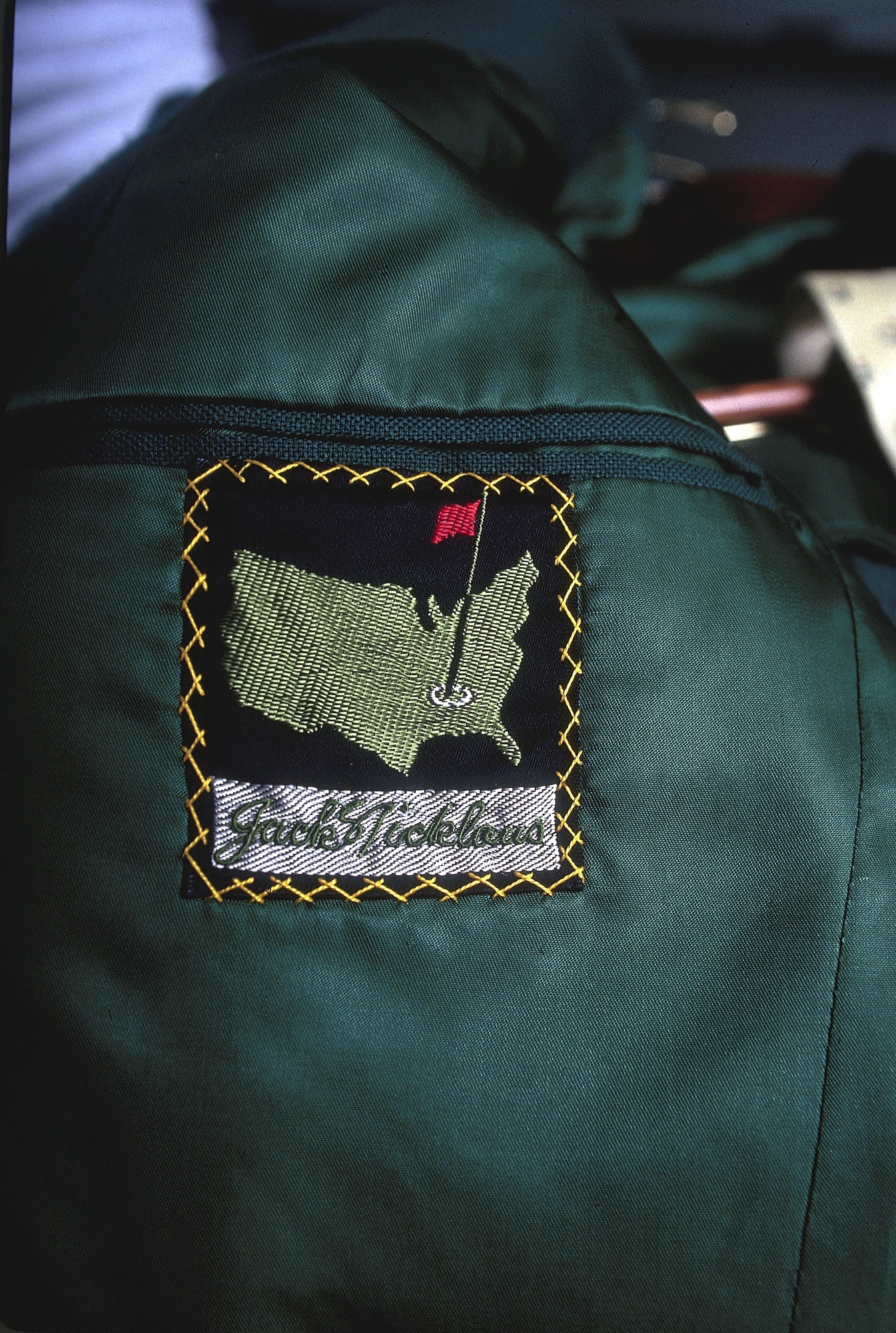 Golf: Closeup of inner lining detail and patch of green blazer, Masters jacket of Jack Nicklaus at Augusta National. Augusta, GA 1/1/1991--12/31/1991 CREDIT: Fred Vuich (Photo by Fred Vuich /Sports Illustrated via Getty Images) (Set Number: D115063 )