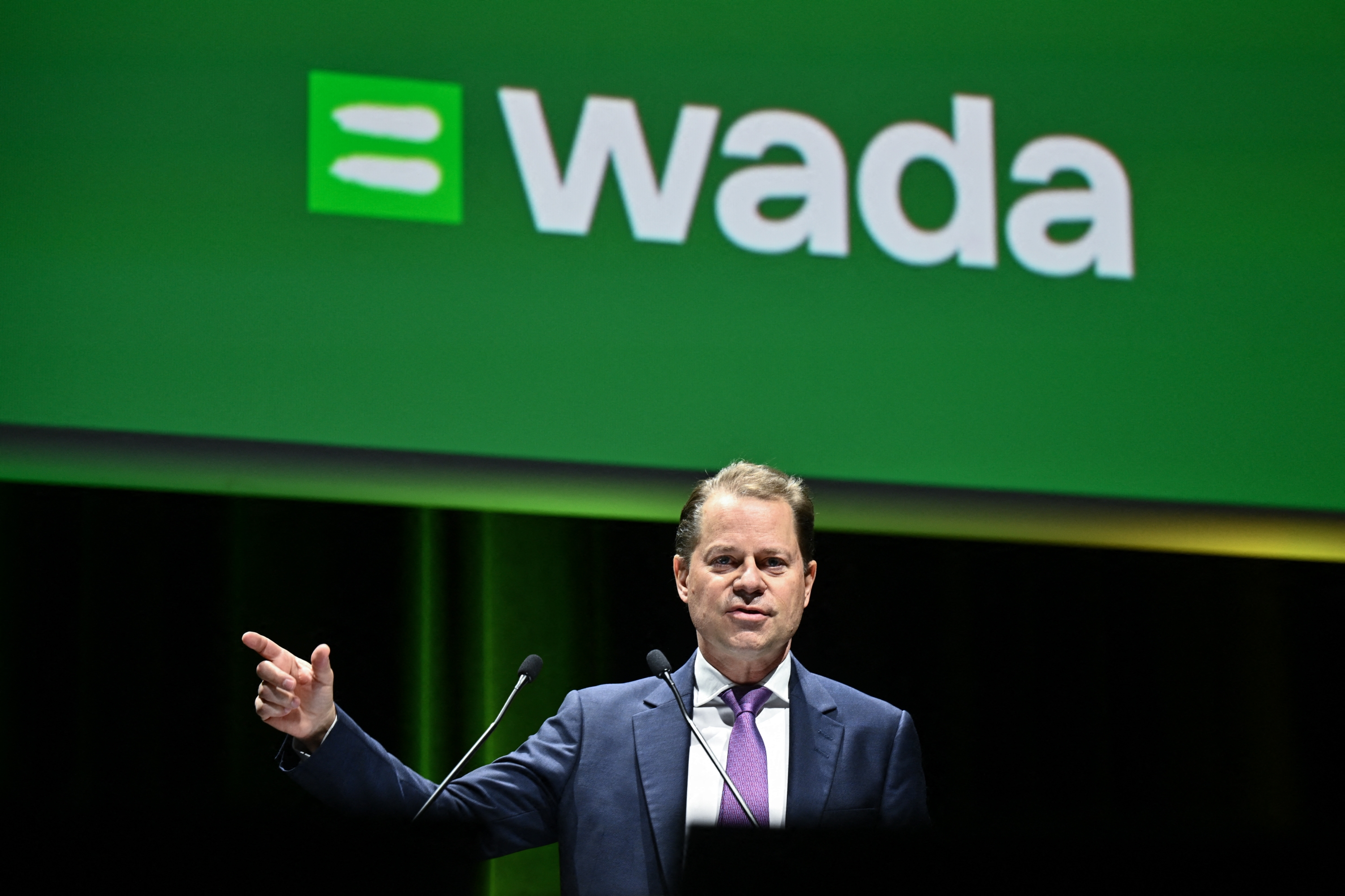 World Anti-Doping Agency (WADA) Swiss Director General Olivier Niggli delivers a speech at the opening of the two-day annual WADA symposium in Lausanne, Switzerland, on March 12, 2024. The annual WADA Symposium brings together practitioners from international federations, national and regional anti-doping organisations and major event organisations with the aim of advancing the global anti-doping program. (Photo by Fabrice COFFRINI / AFP)