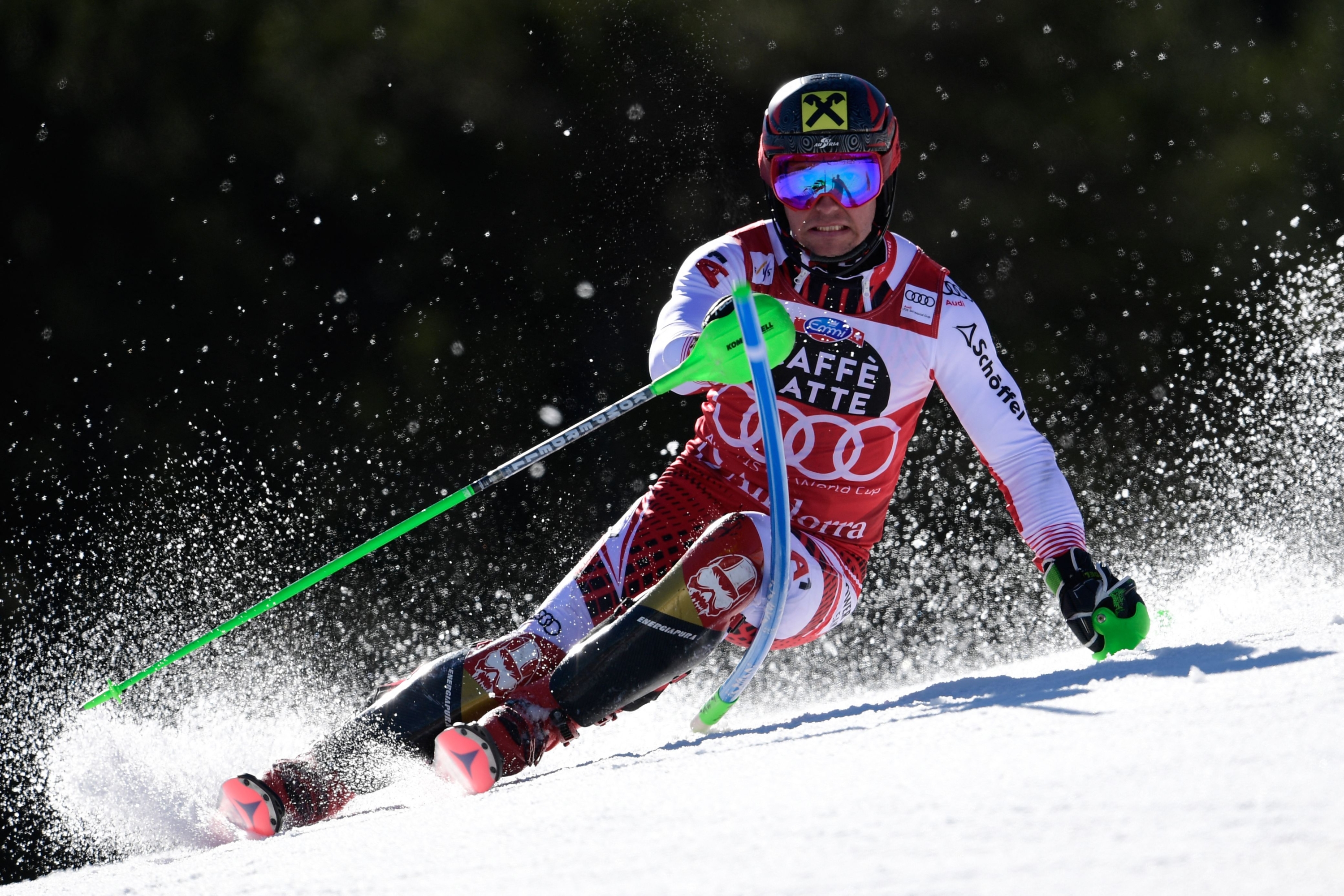 (FILES) Austria's Marcel Hirscher competes in the first round of the Men's slalom race during the FIS Alpine ski world cup championship on March 17, 2019, in Grandvalira Soldeu - El Tarter, in Andorra. Austria's Marcel Hirscher, the former world number one in alpine skiing, who has been retired from the slopes since 2019, wants to return to competition but this time with the Netherlands, the Austrian Ski Federation (ÖSV) announced on April 24, 2024. (Photo by JAVIER SORIANO / AFP)