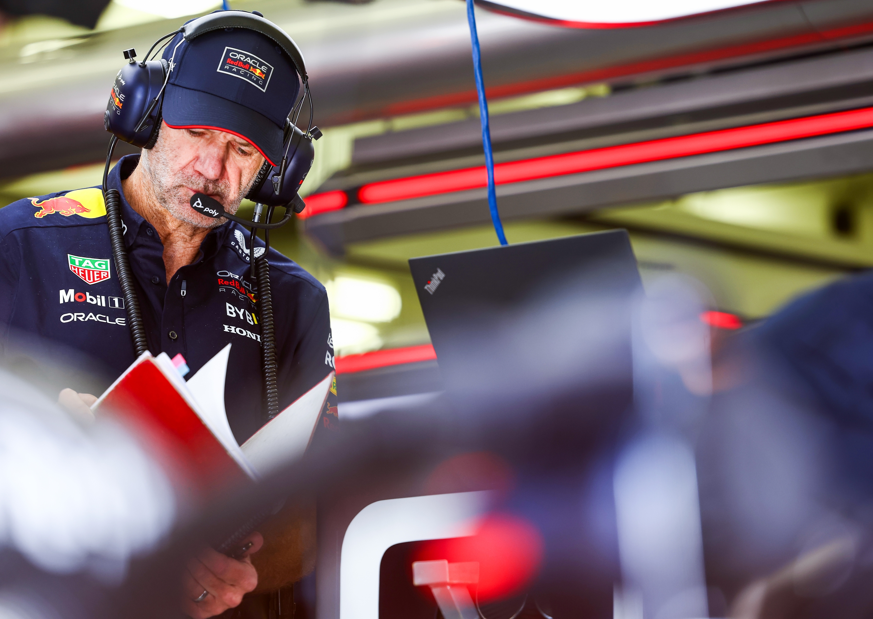 BAHRAIN, BAHRAIN - FEBRUARY 29: Adrian Newey, the Chief Technical Officer of Oracle Red Bull Racing looks on in the garage during practice ahead of the F1 Grand Prix of Bahrain at Bahrain International Circuit on February 29, 2024 in Bahrain, Bahrain. (Photo by Mark Thompson/Getty Images)