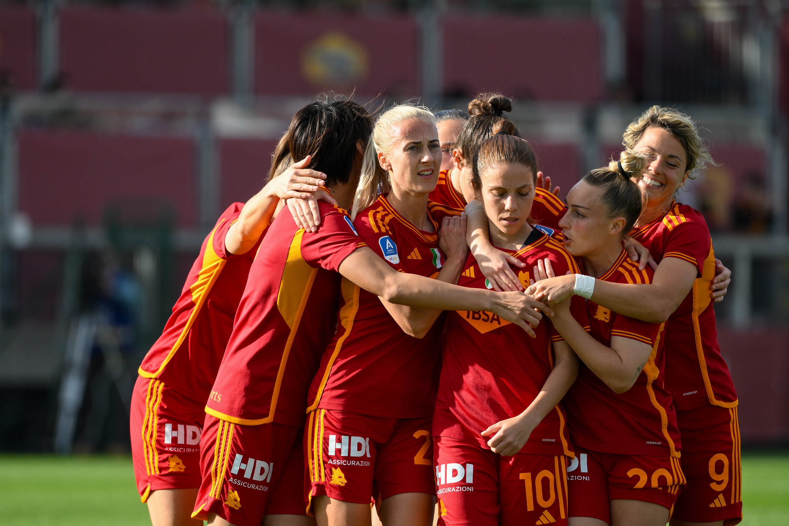 ROME, ITALY - MARCH 23: Manuela Giugliano of AS Roma celebrates after scoring the second goal for her team during the Serie A femminile match between AS Roma and US Sassuolo at Stadio Tre Fontane on March 23, 2024 in Rome, Italy (Photo by Fabio Rossi/AS Roma via Getty Images)