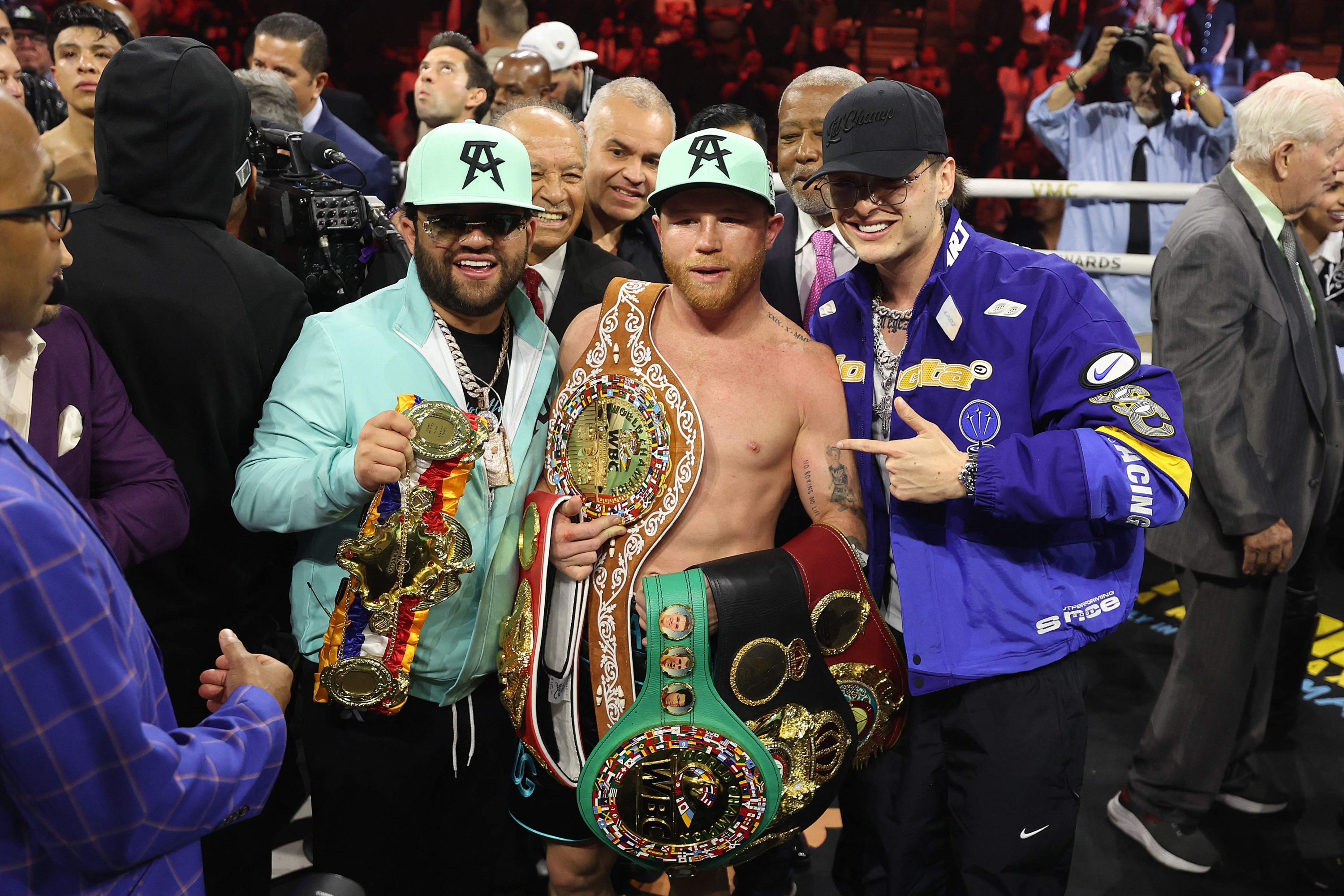 LAS VEGAS, NEVADA - MAY 04: Canelo Alvarez poses for a photo after retaining his title with a unanimous-decision victory over Jaime Munguia in their super middleweight championship title fight at T-Mobile Arena on May 04, 2024 in Las Vegas, Nevada.   Christian Petersen/Getty Images/AFP (Photo by Christian Petersen / GETTY IMAGES NORTH AMERICA / Getty Images via AFP)