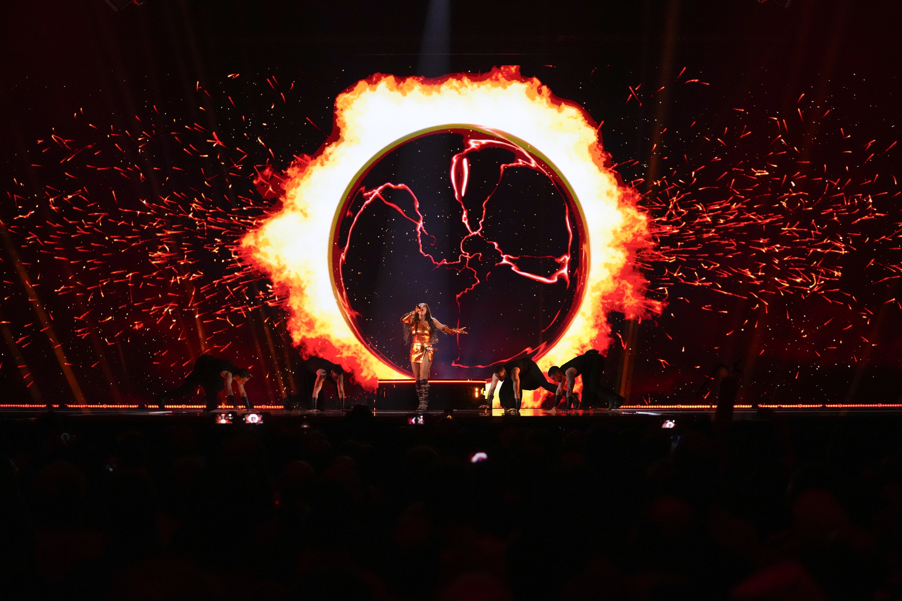 Nutsa Buzaladze of Georgia performs the song Firefighter during the second semi-final at the Eurovision Song Contest in Malmo, Sweden, Thursday, May 9, 2024. (AP Photo/Martin Meissner)