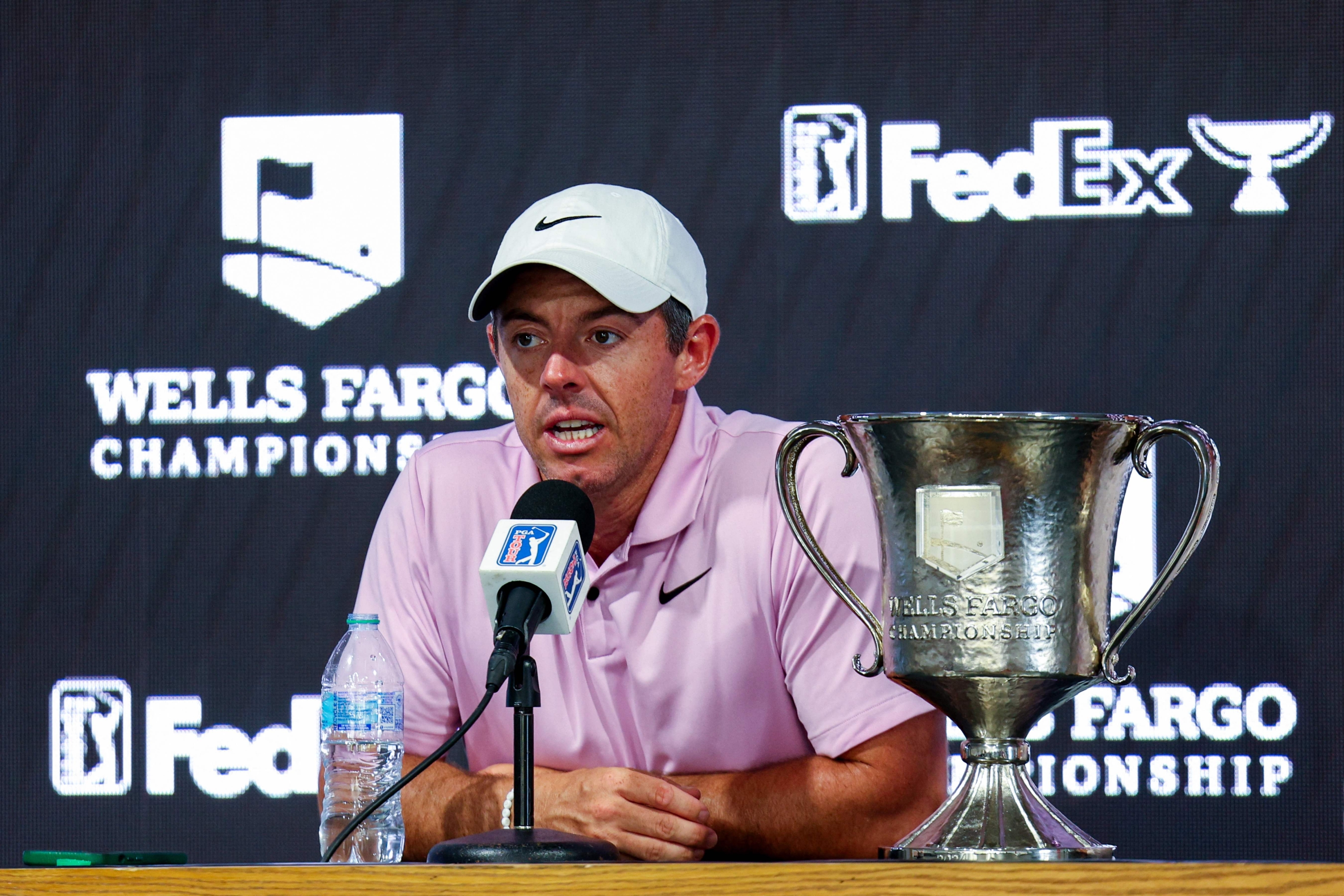 CHARLOTTE, NORTH CAROLINA - MAY 12: Rory McIlroy of Northern Ireland is interviewed in the media center the Wells Fargo Championship at Quail Hollow Club on May 12, 2024 in Clifton, North Carolina.   Andrew Redington/Getty Images/AFP (Photo by Andrew Redington / GETTY IMAGES NORTH AMERICA / Getty Images via AFP)