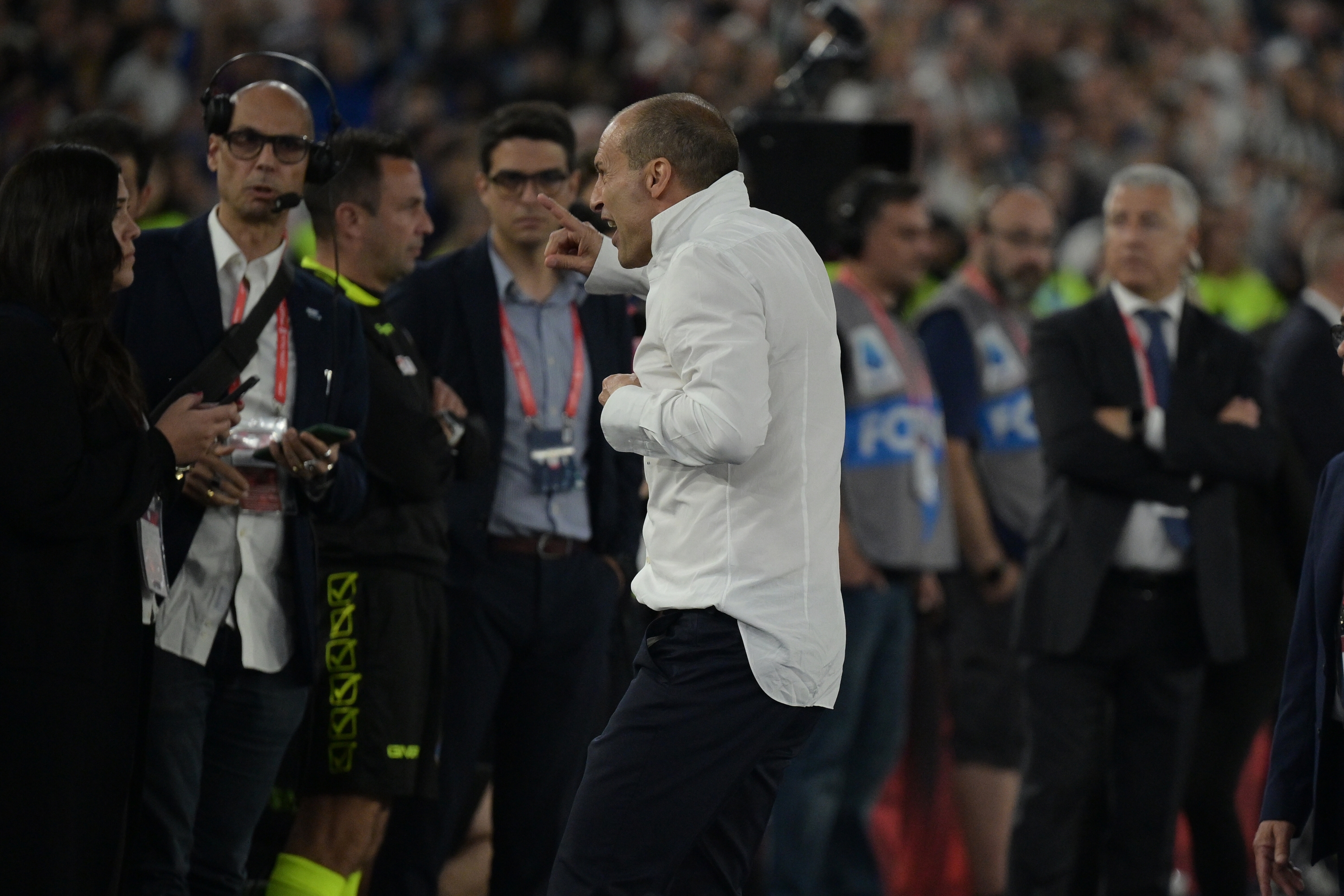 Juventus’ head coach Massimiliano Allegri reacts after red card during the Italian Cup final soccer match between Atalanta and Juventus at Rome's Olympic Stadium, Italy, Wednesday, May 15, 2024. (Alfredo Falcone/LaPresse)