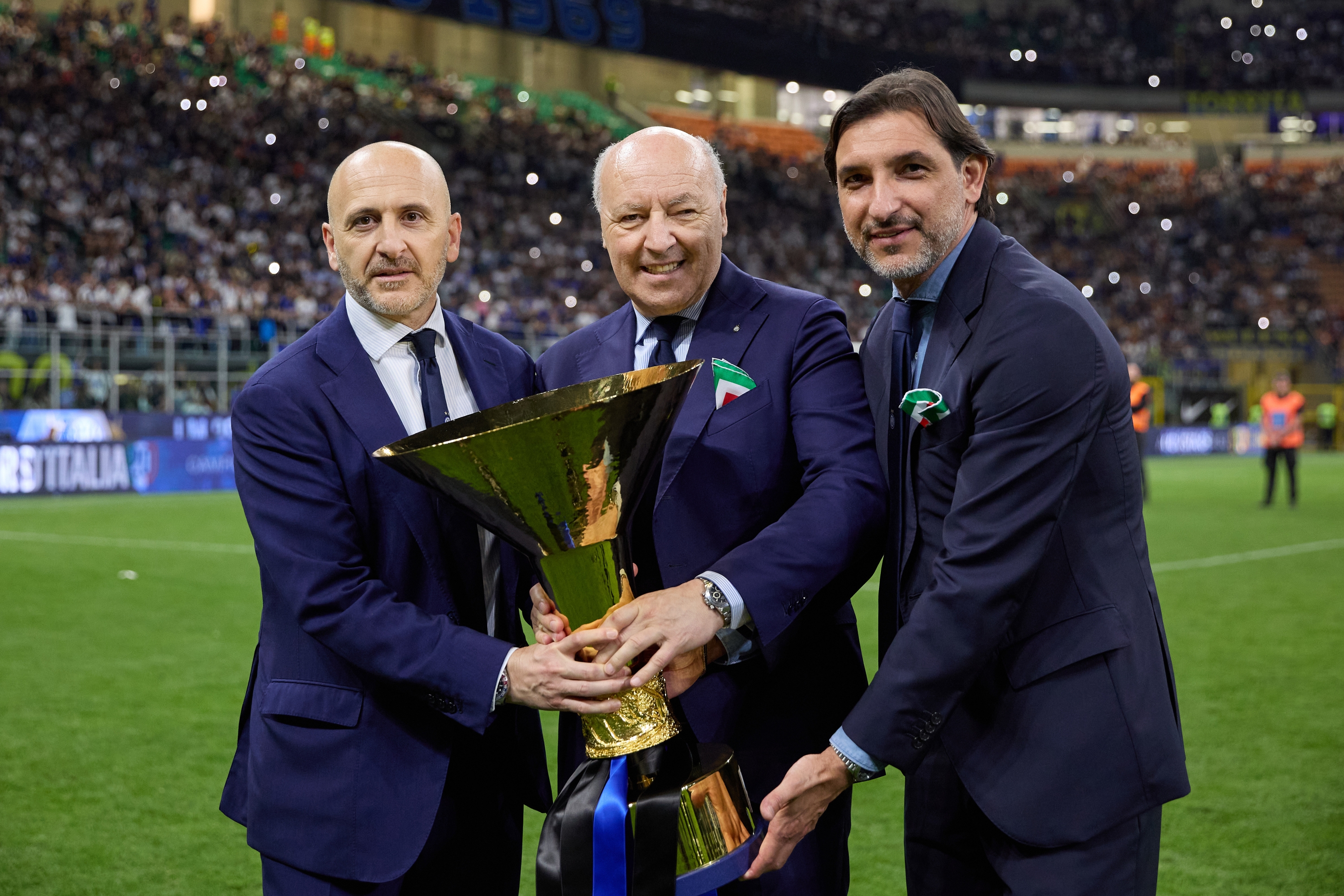 MILAN, ITALY - MAY 19: Piero Ausilio, Giuseppe Marotta and Dario Baccin during the Serie A TIM match between FC Internazionale and SS Lazio at Stadio Giuseppe Meazza on May 19, 2024 in Milan, Italy. (Photo by Francesco Scaccianoce - Inter/Inter via Getty Images)